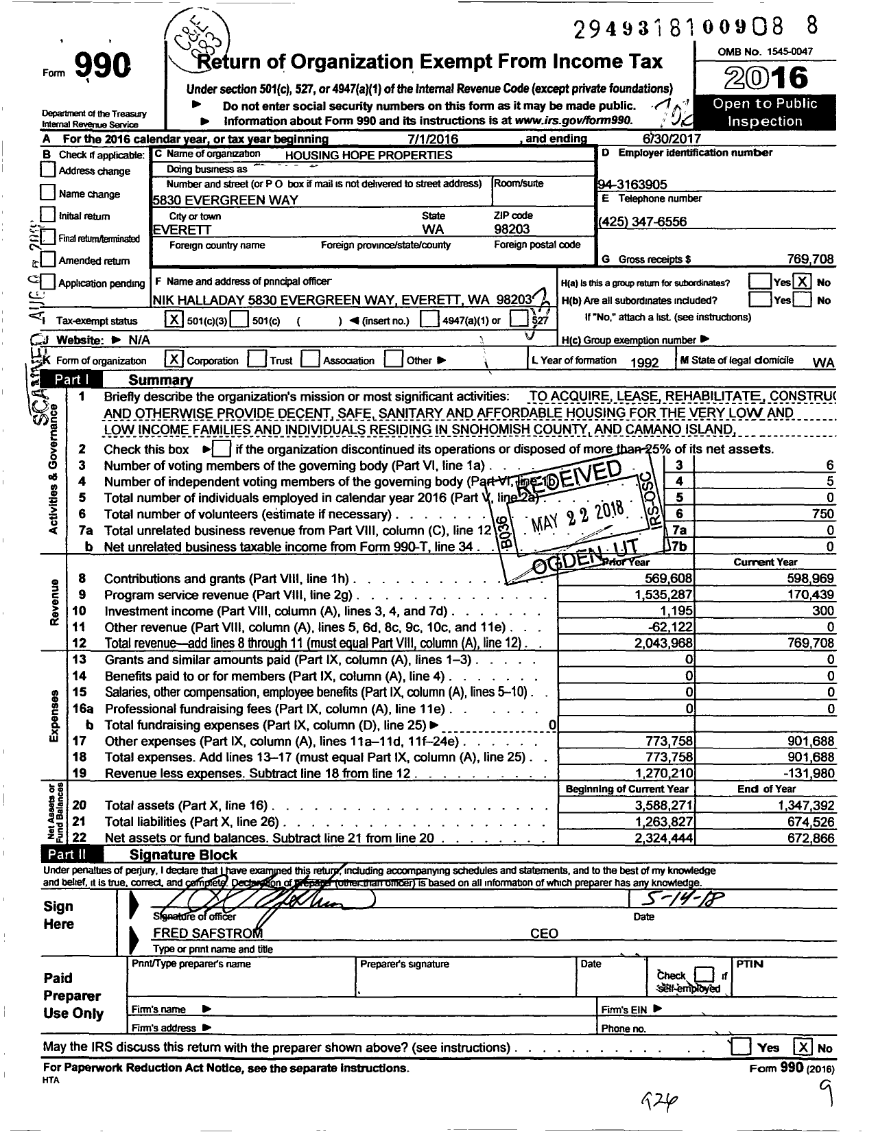Image of first page of 2016 Form 990 for Housing Hope Properties