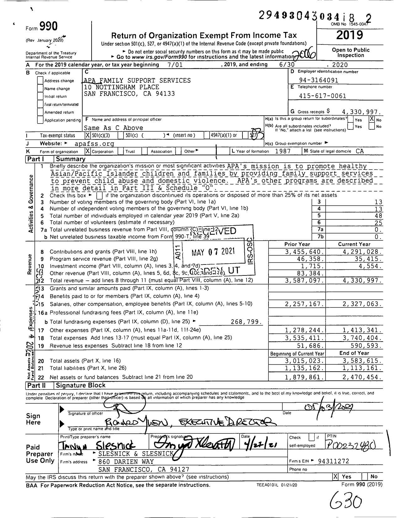 Image of first page of 2019 Form 990 for Apa Family Support Services