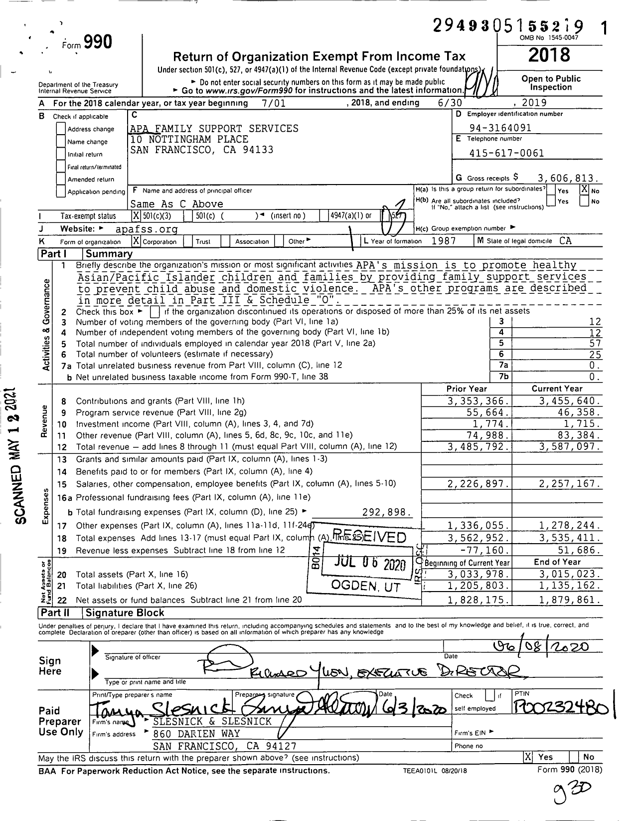 Image of first page of 2018 Form 990 for Apa Family Support Services