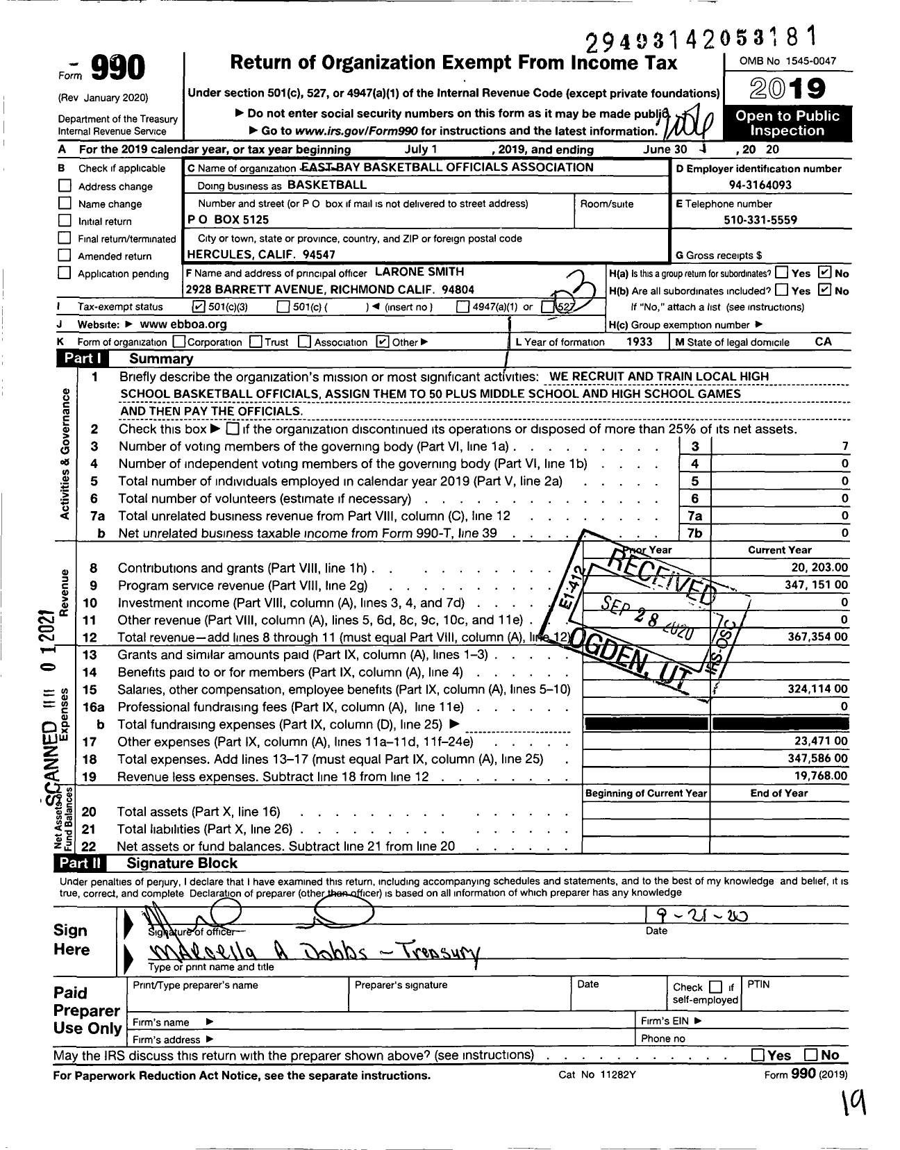 Image of first page of 2019 Form 990 for East Bay Basketball Officials Association (EBBOA)