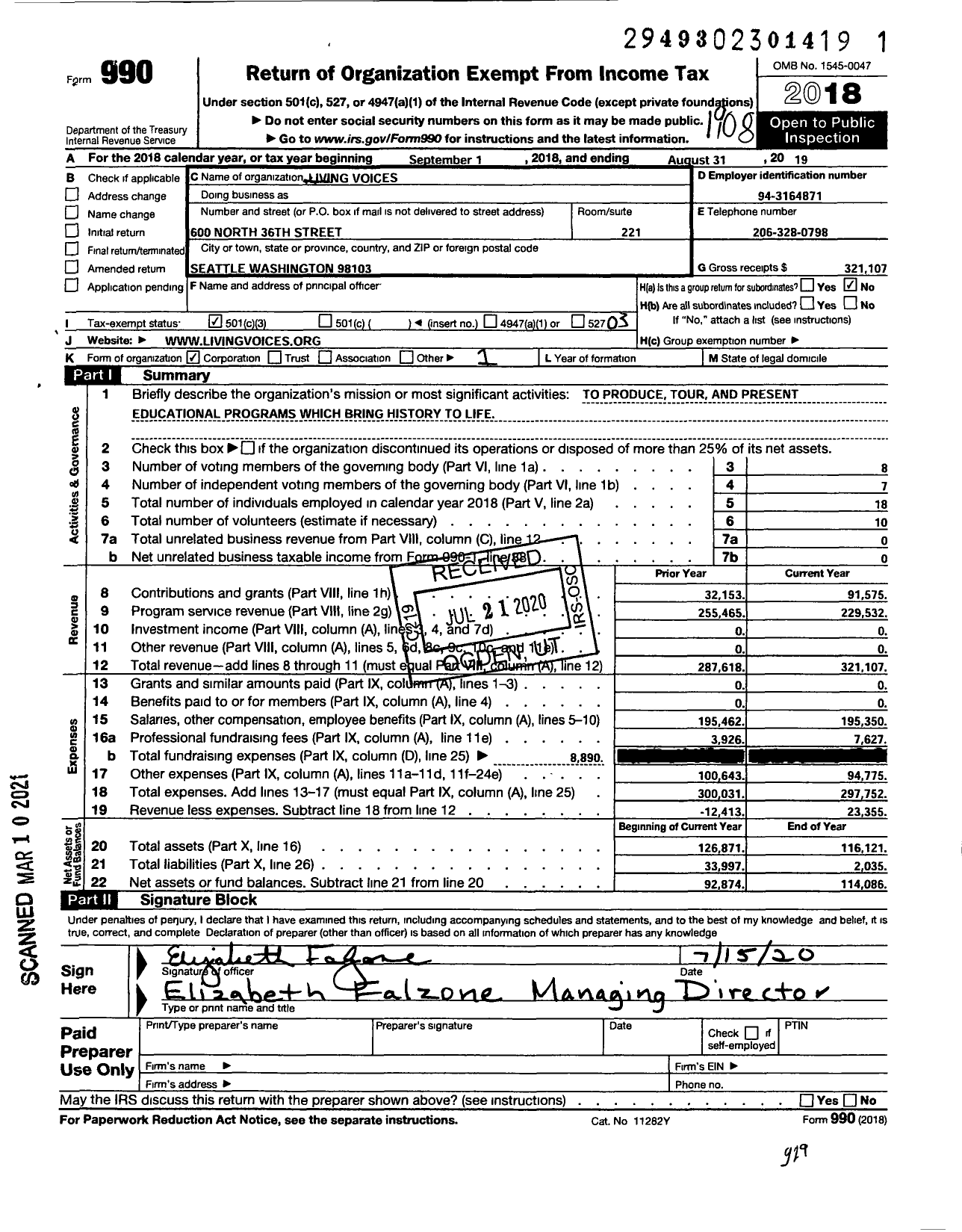 Image of first page of 2018 Form 990 for Living Voices