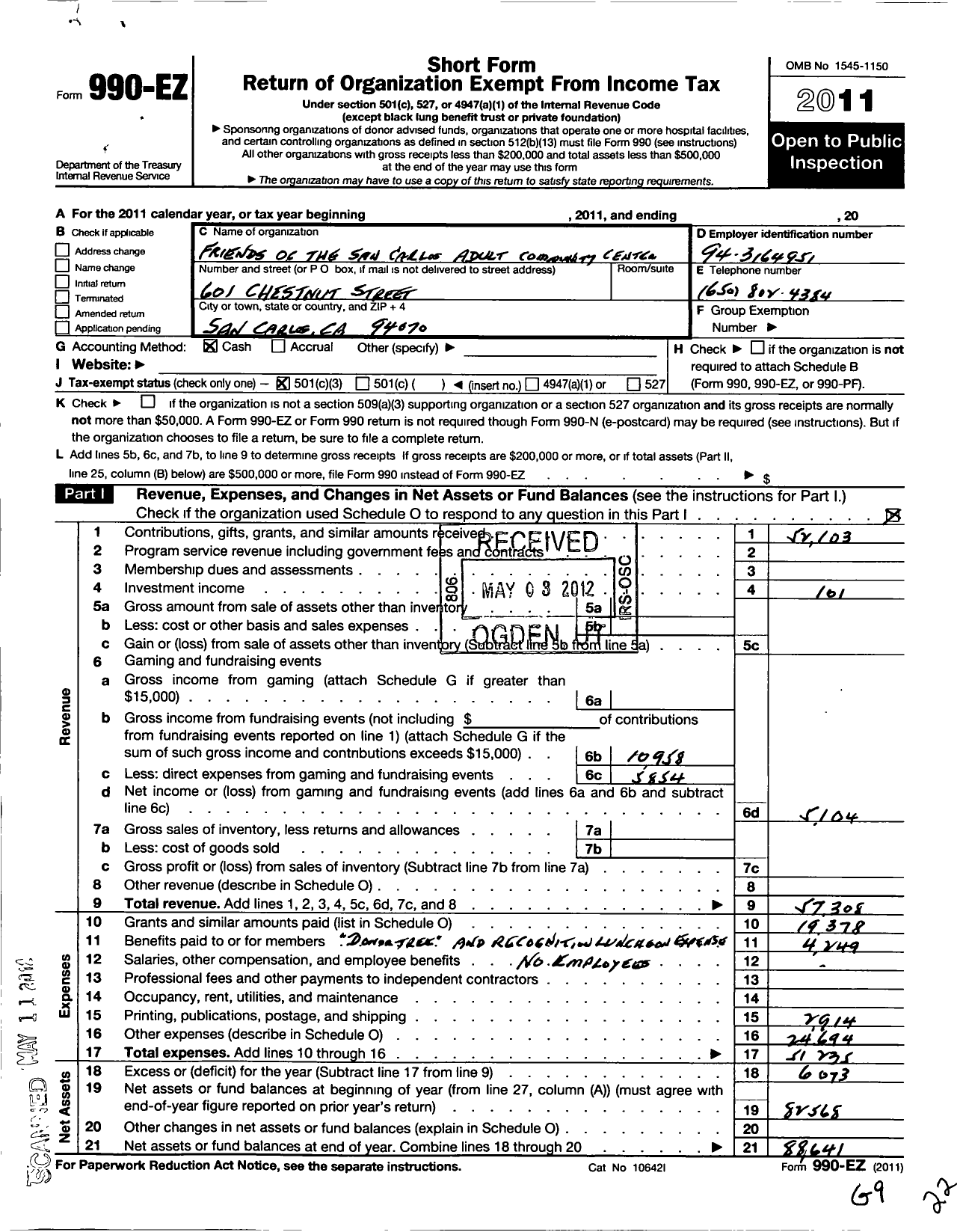 Image of first page of 2011 Form 990EZ for Friends of San Carlos Adult Community Center