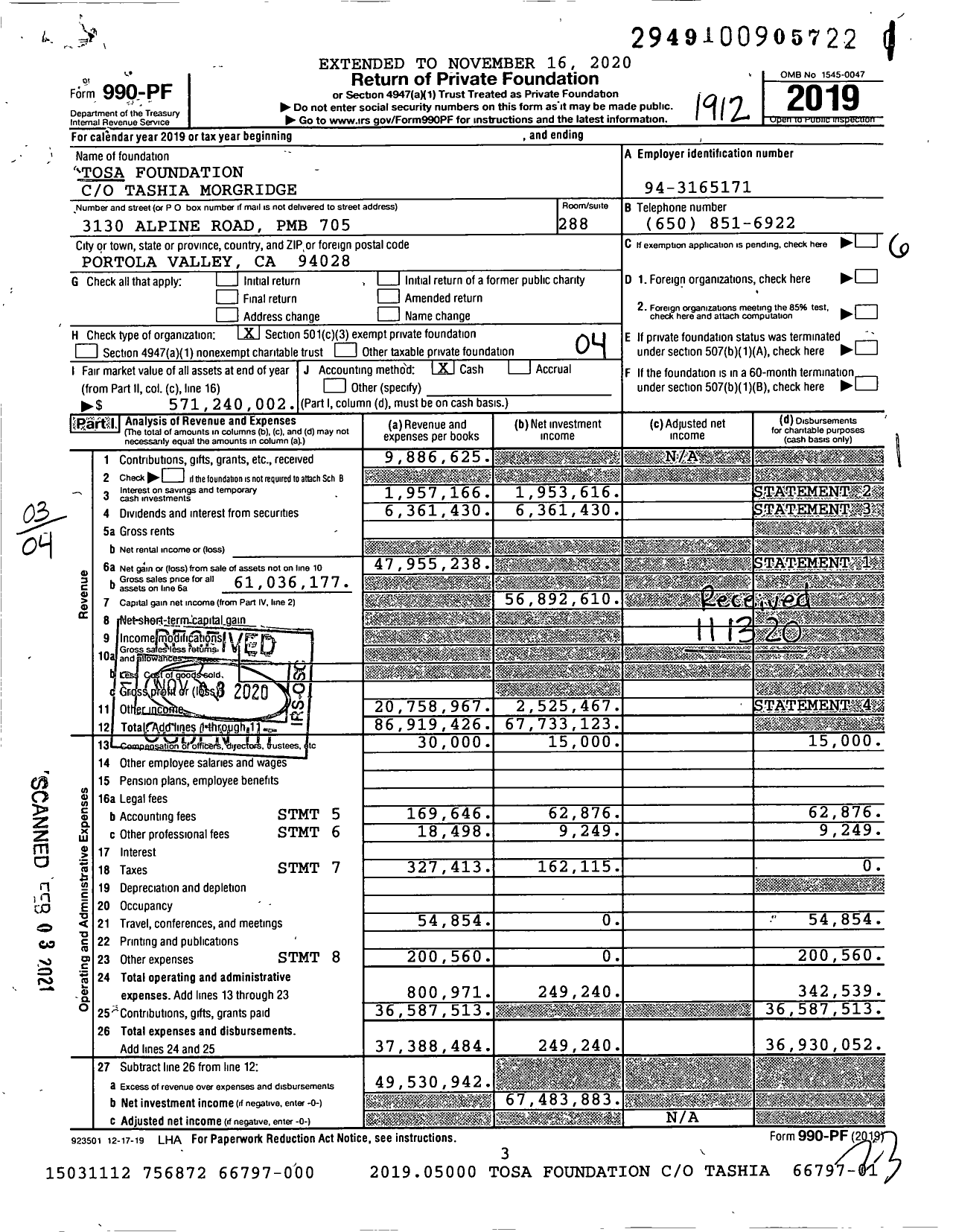 Image of first page of 2019 Form 990PF for Tosa Foundation