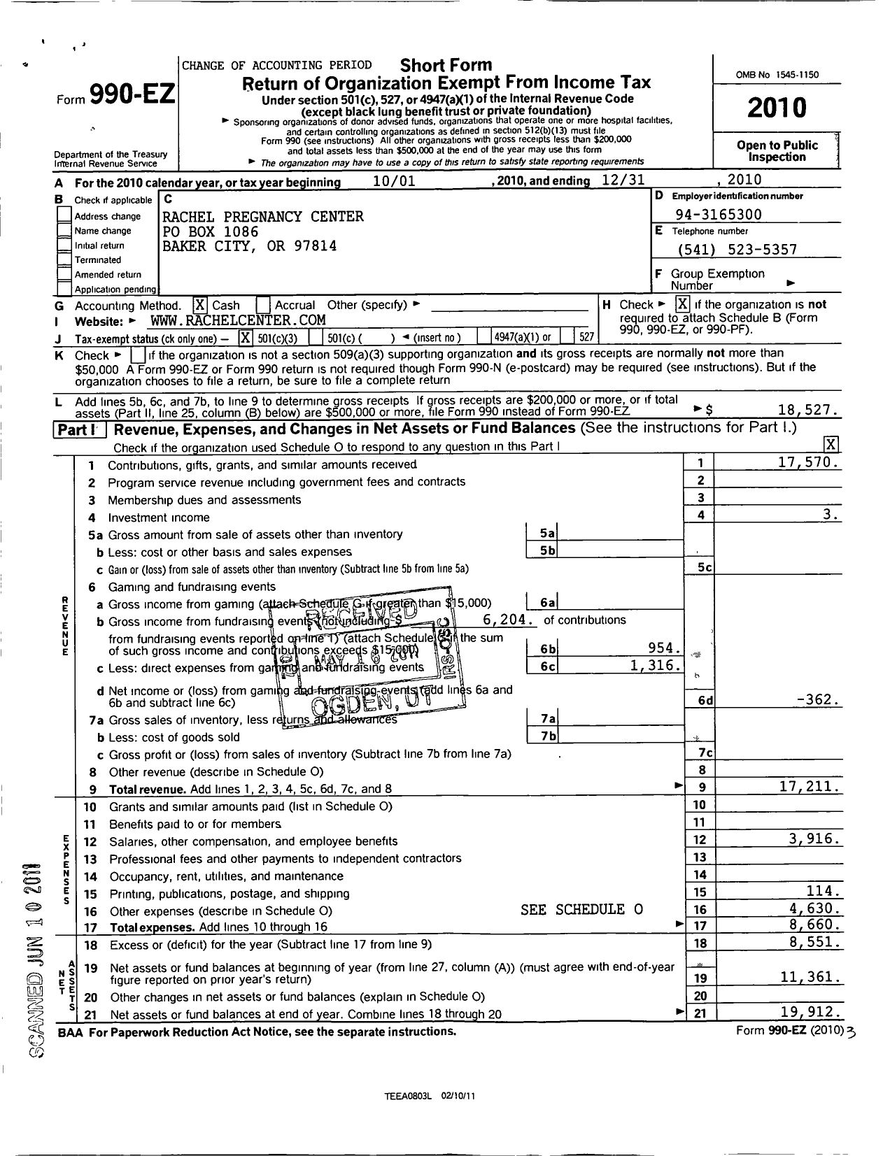 Image of first page of 2010 Form 990EZ for Rachel Pregnancy Center