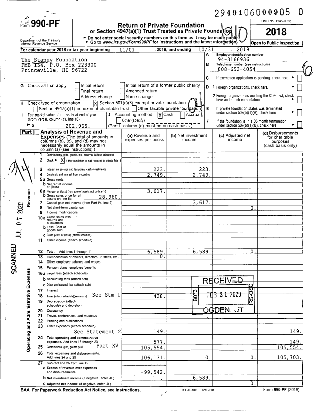 Image of first page of 2018 Form 990PR for The Stanny Foundation