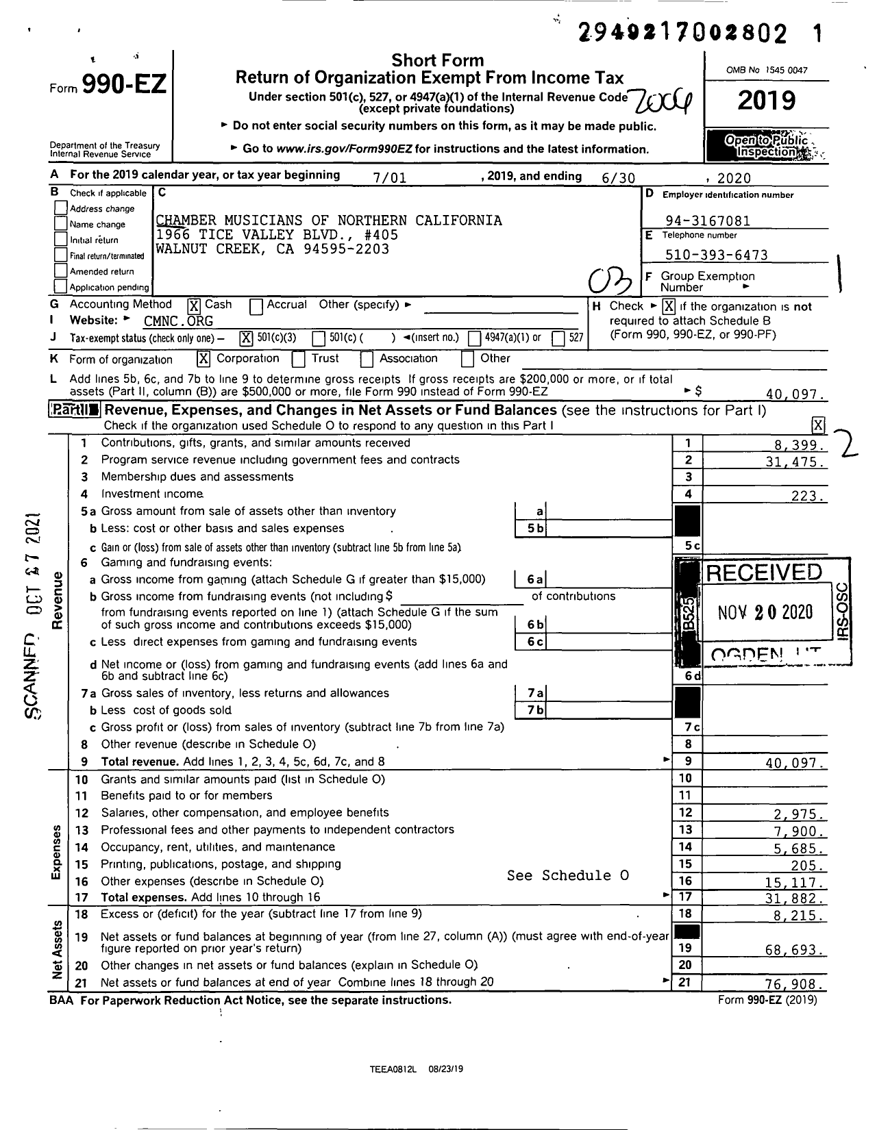 Image of first page of 2019 Form 990EZ for Chamber Musicians of Northern California