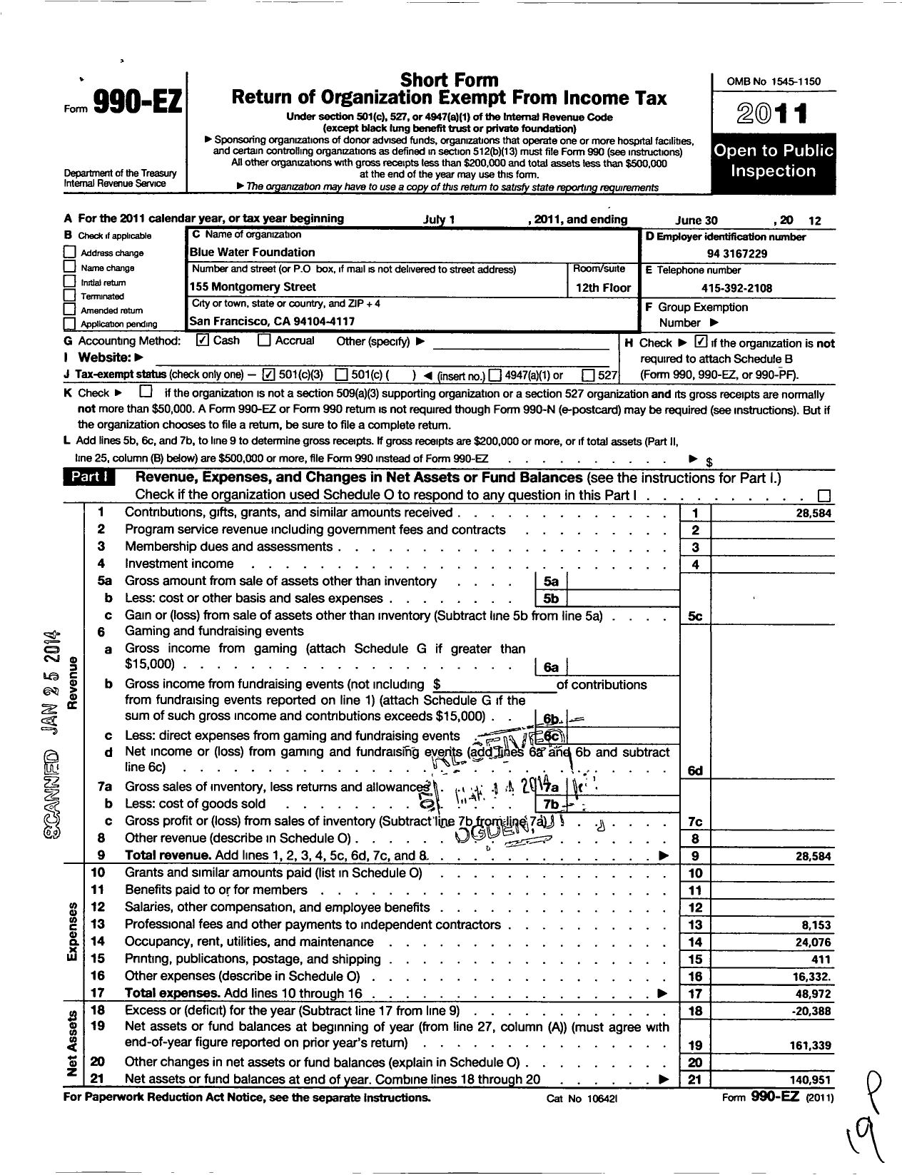 Image of first page of 2011 Form 990EZ for Blue Water Foundation