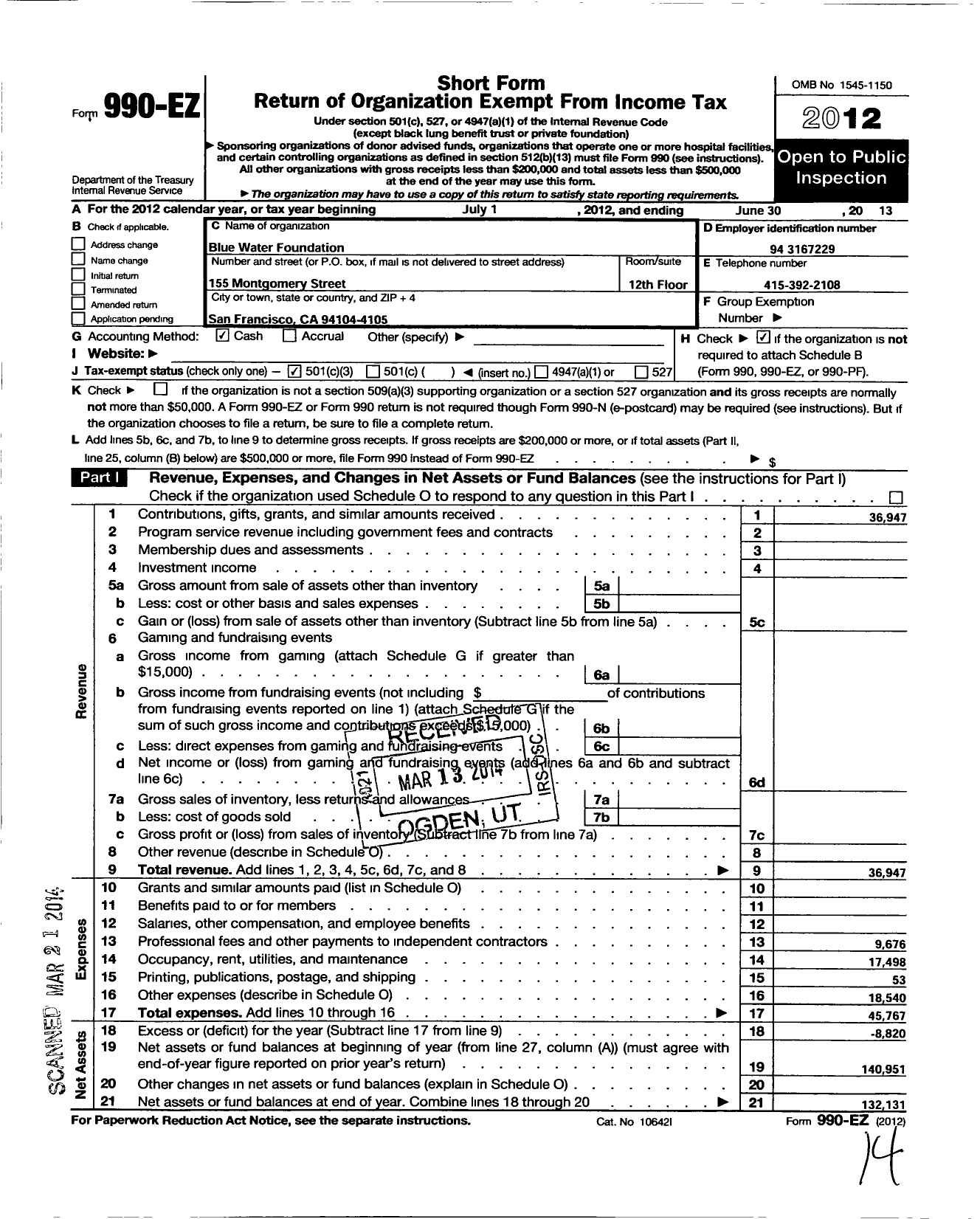 Image of first page of 2012 Form 990EZ for Blue Water Foundation