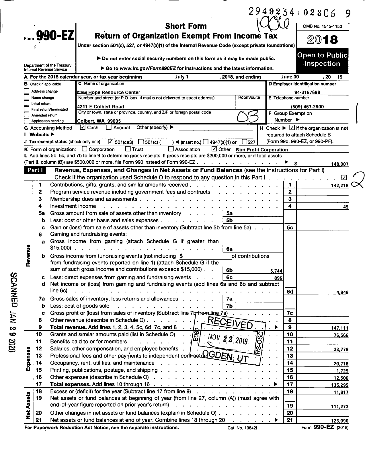 Image of first page of 2018 Form 990EZ for New Hope Resource Center