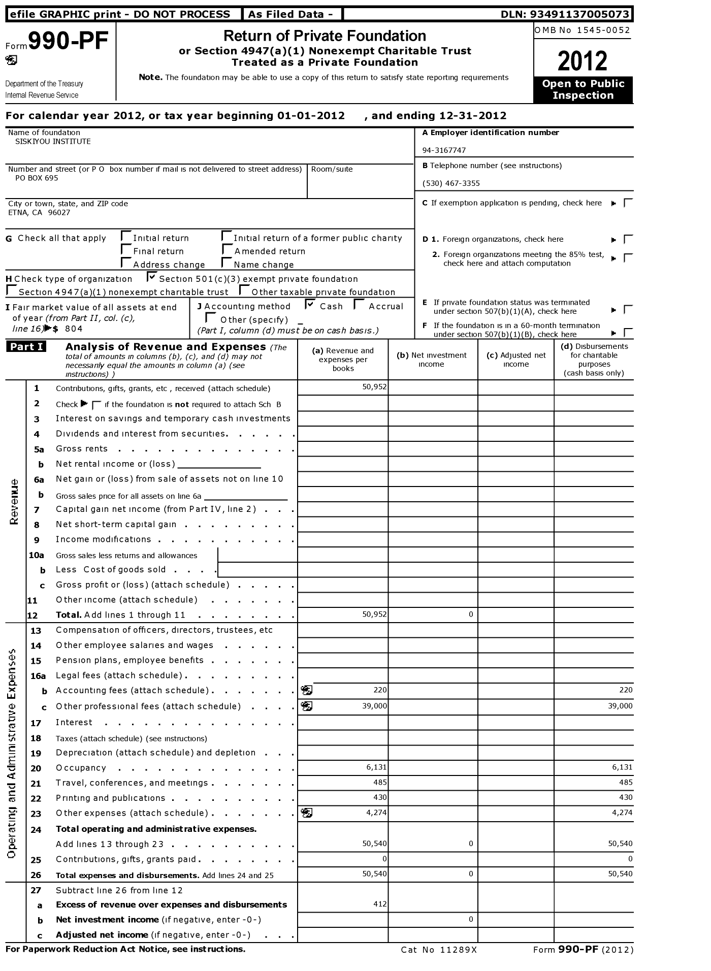 Image of first page of 2012 Form 990PF for Siskiyou Institute