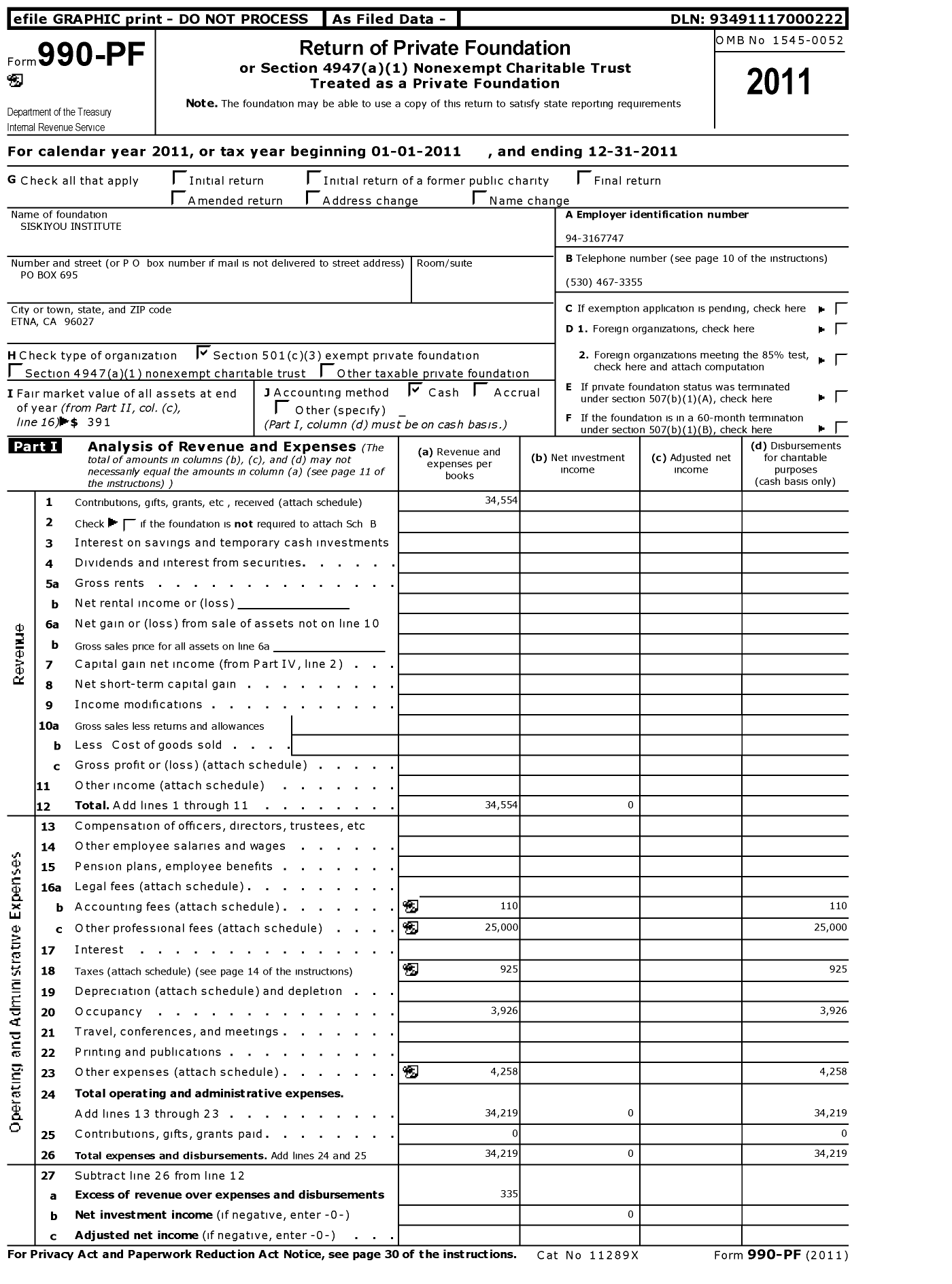 Image of first page of 2011 Form 990PF for Siskiyou Institute