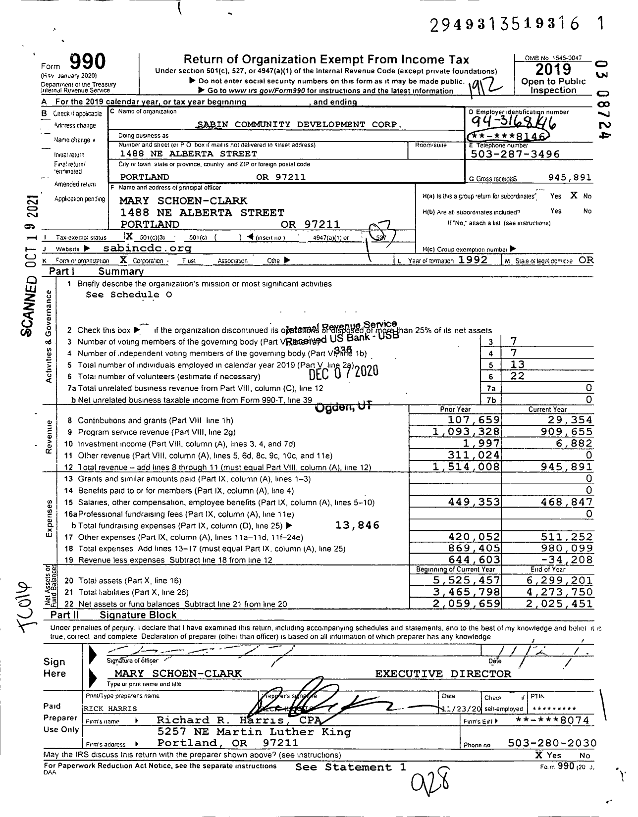 Image of first page of 2019 Form 990 for Sabin Community Development Corporation