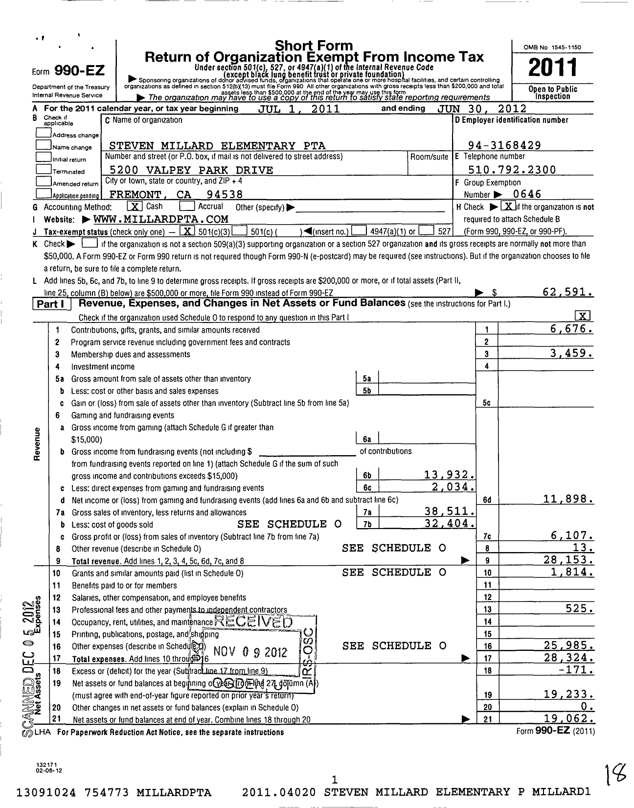 Image of first page of 2011 Form 990EZ for California State PTA - Steven Millard Elementary PTA