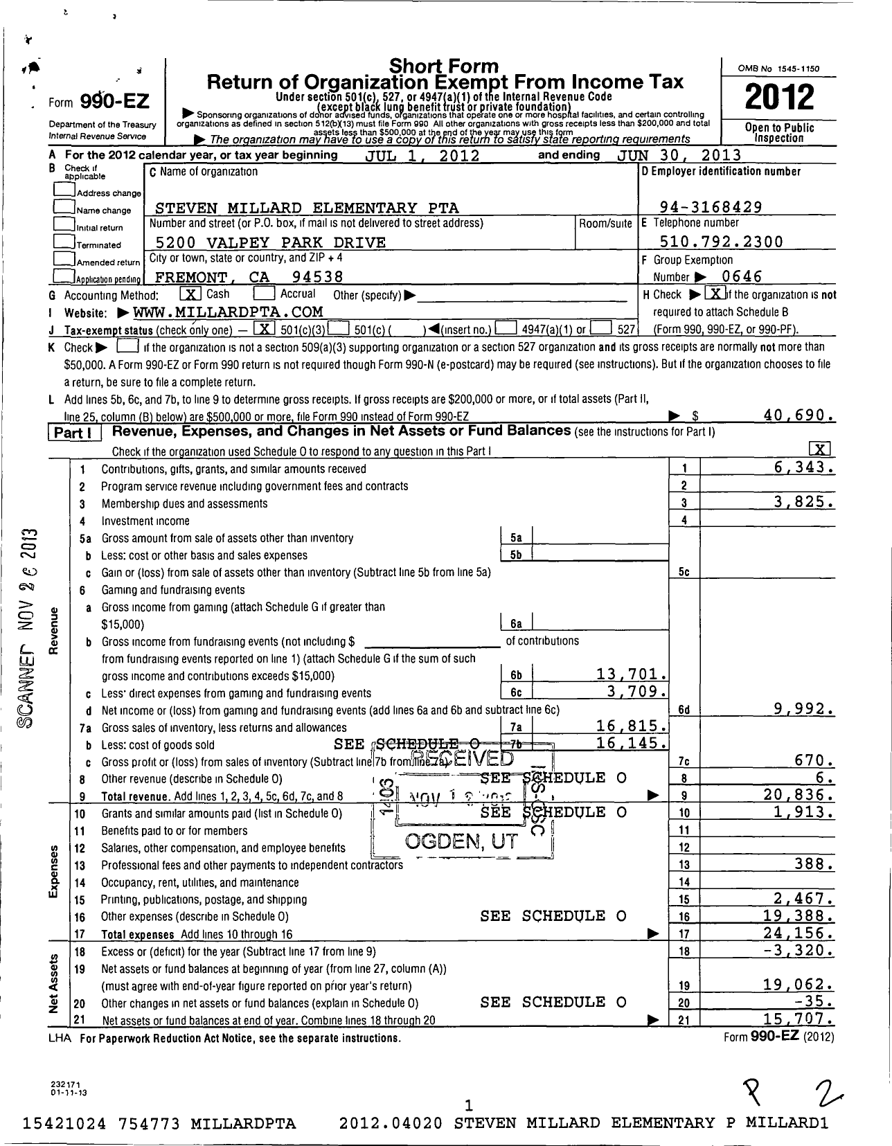 Image of first page of 2012 Form 990EZ for California State PTA - Steven Millard Elementary PTA