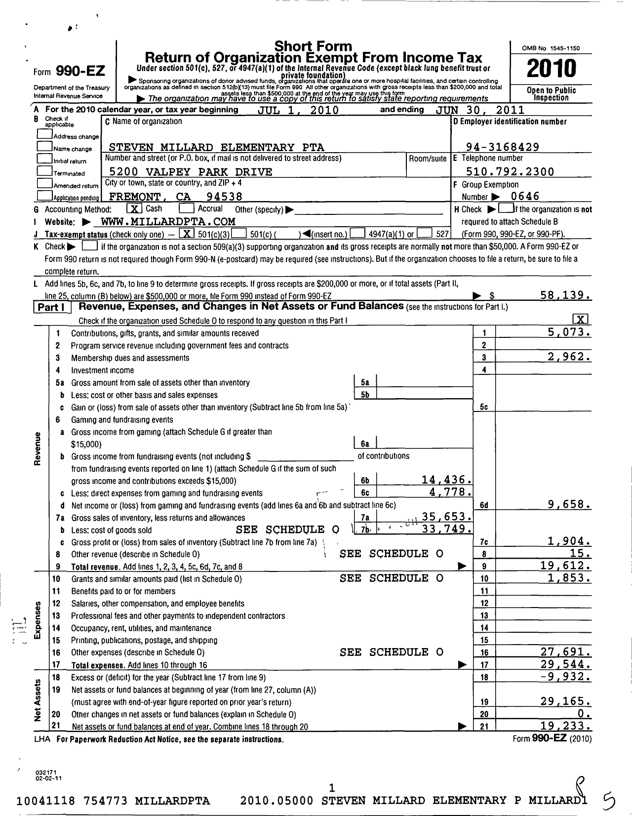 Image of first page of 2010 Form 990EZ for California State PTA - Steven Millard Elementary PTA