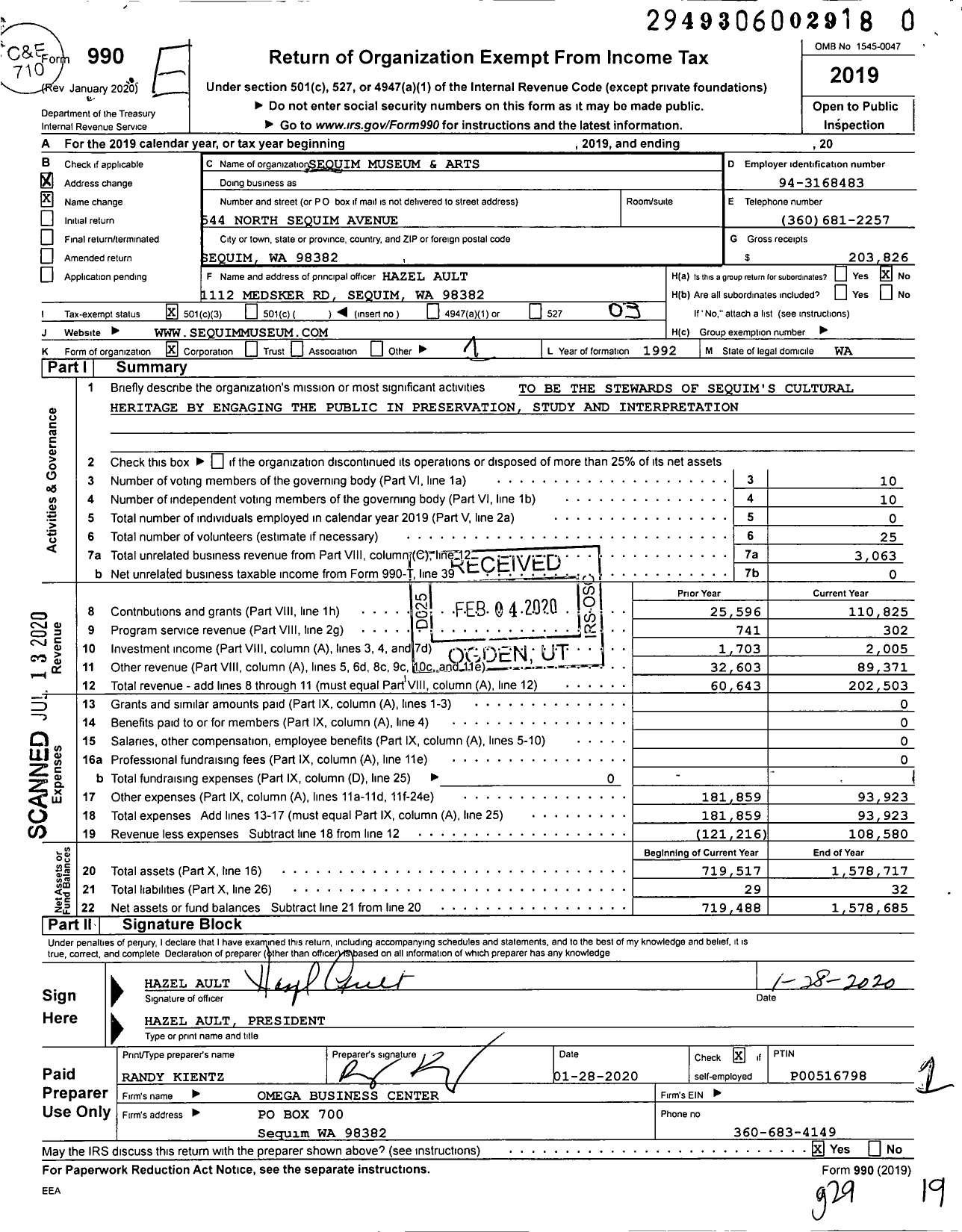 Image of first page of 2019 Form 990 for Sequim Museum and Arts