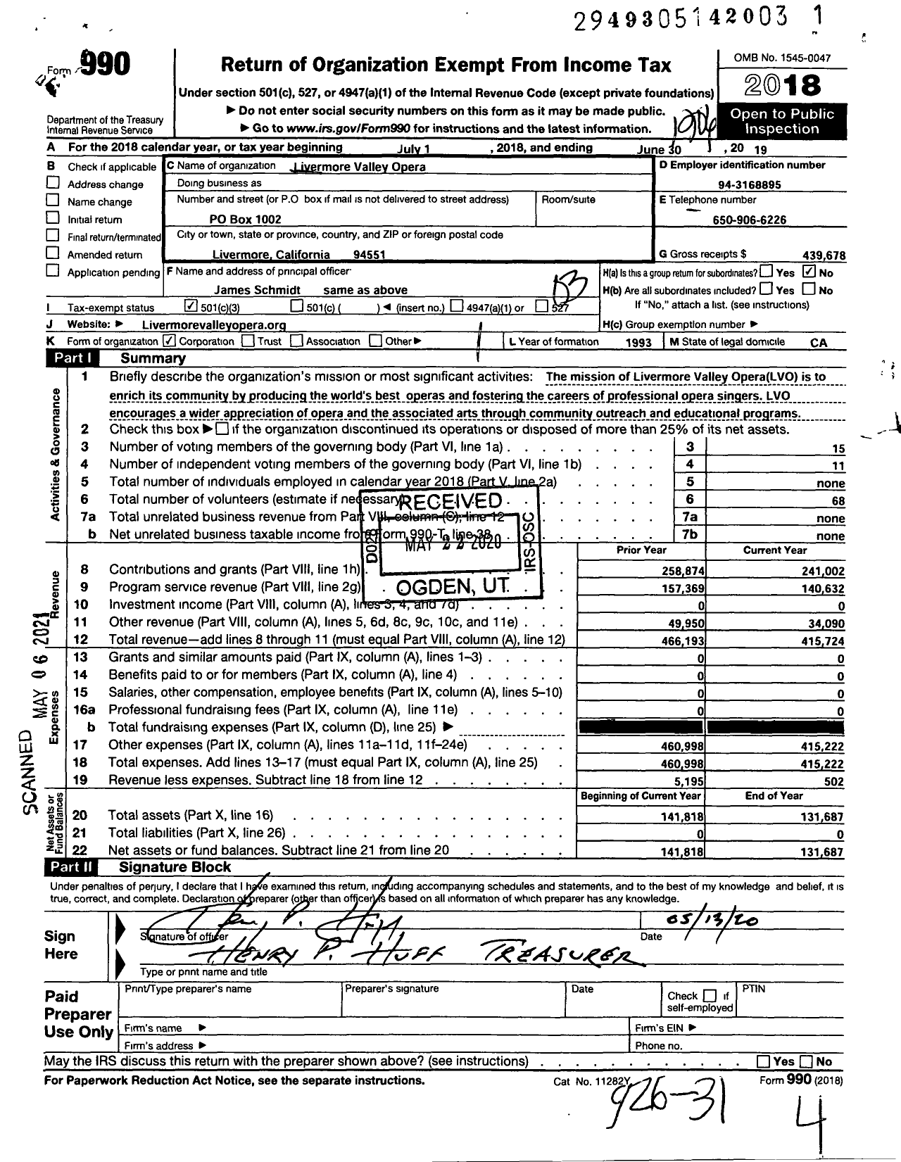 Image of first page of 2018 Form 990 for Livermore Valley Opera