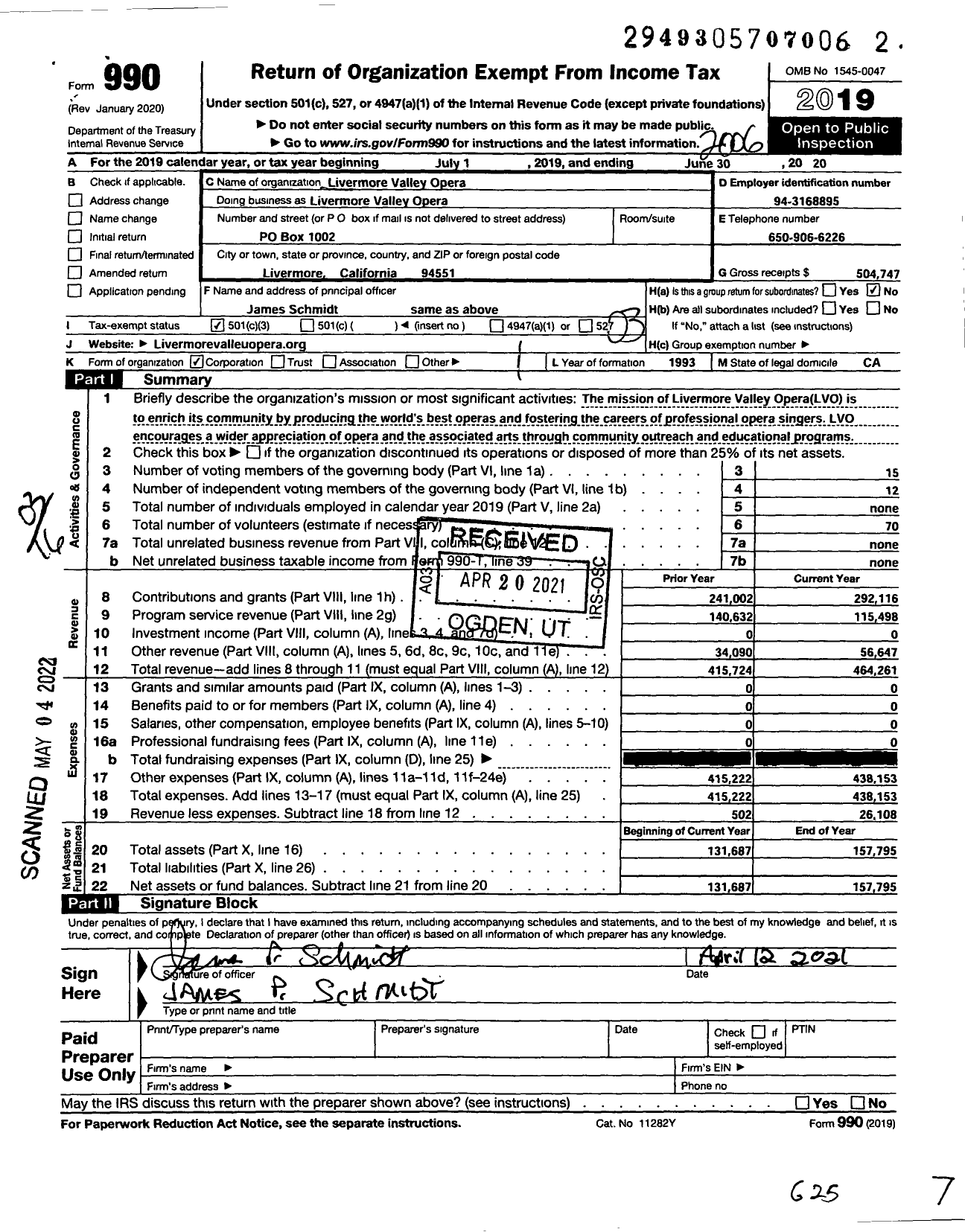 Image of first page of 2019 Form 990 for Livermore Valley Opera