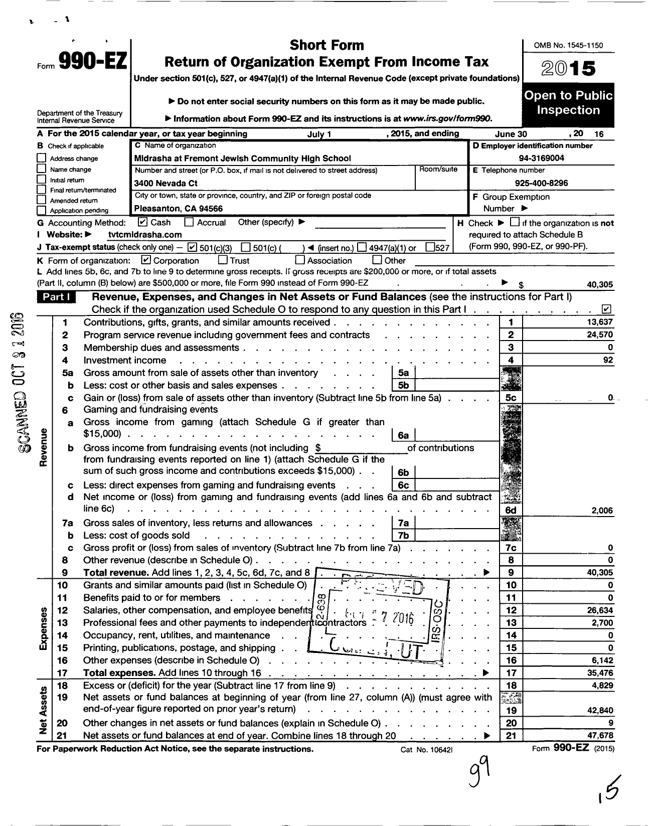 Image of first page of 2015 Form 990EZ for Midrasha at Fremont Jewish Community High School