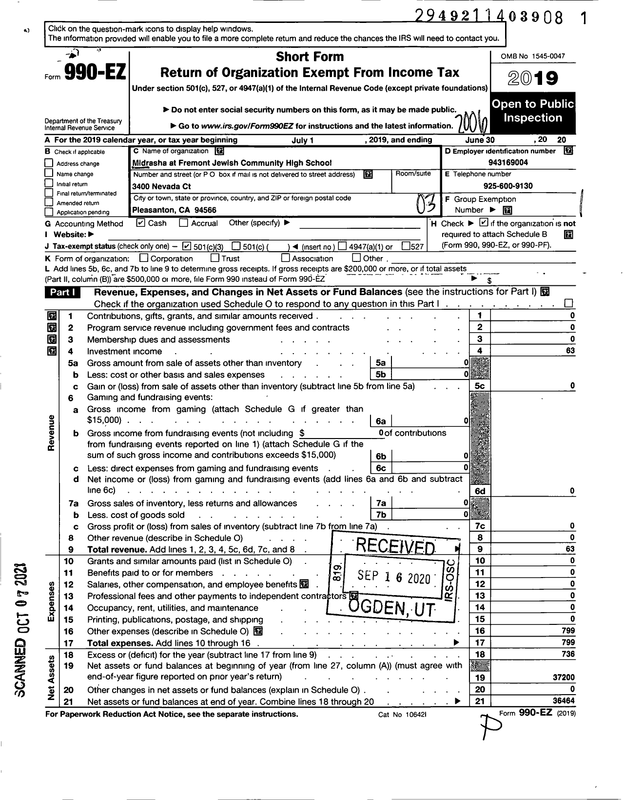 Image of first page of 2019 Form 990EZ for Midrasha at Fremont Jewish Community High School