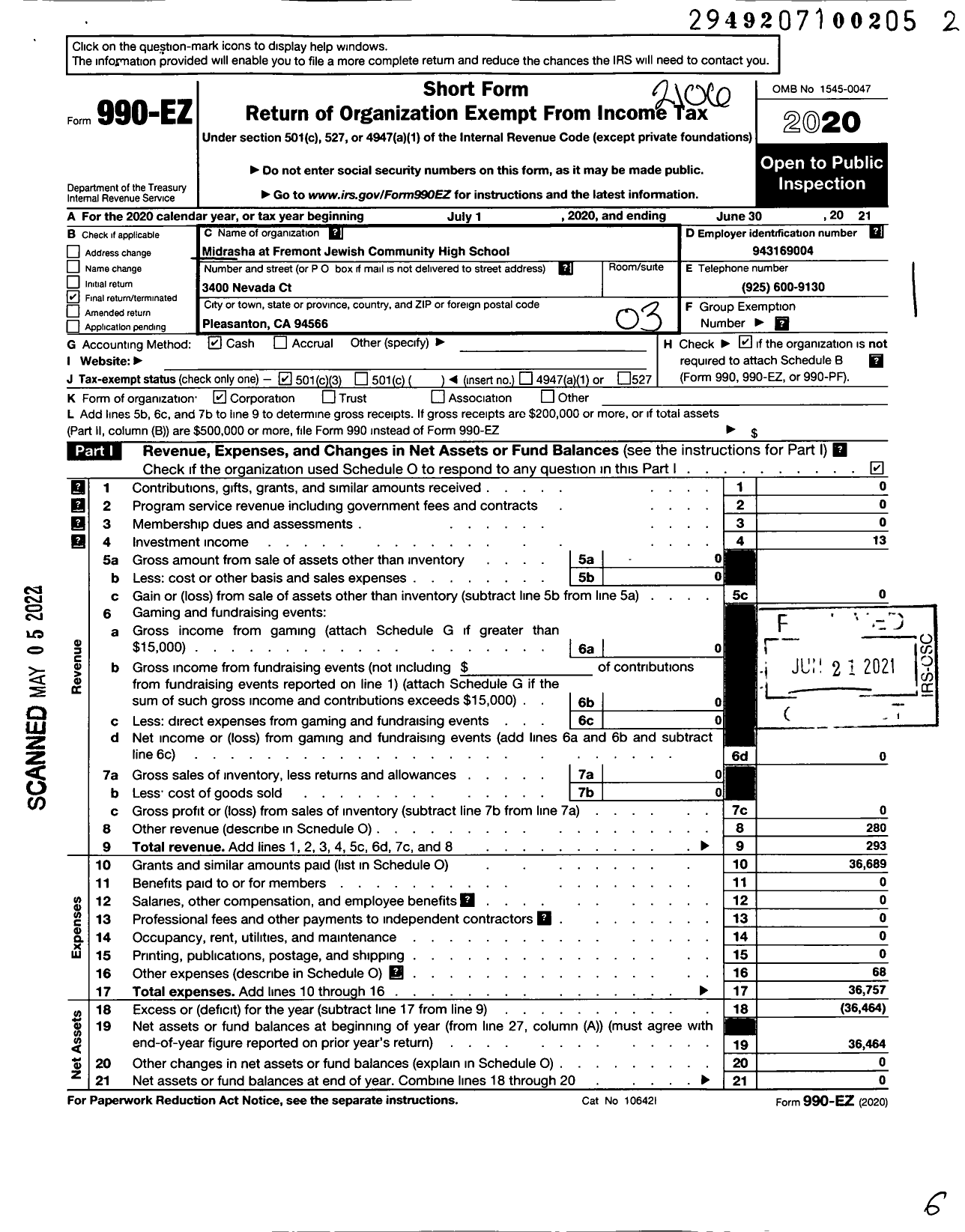 Image of first page of 2020 Form 990EZ for Midrasha at Fremont Jewish Community High School