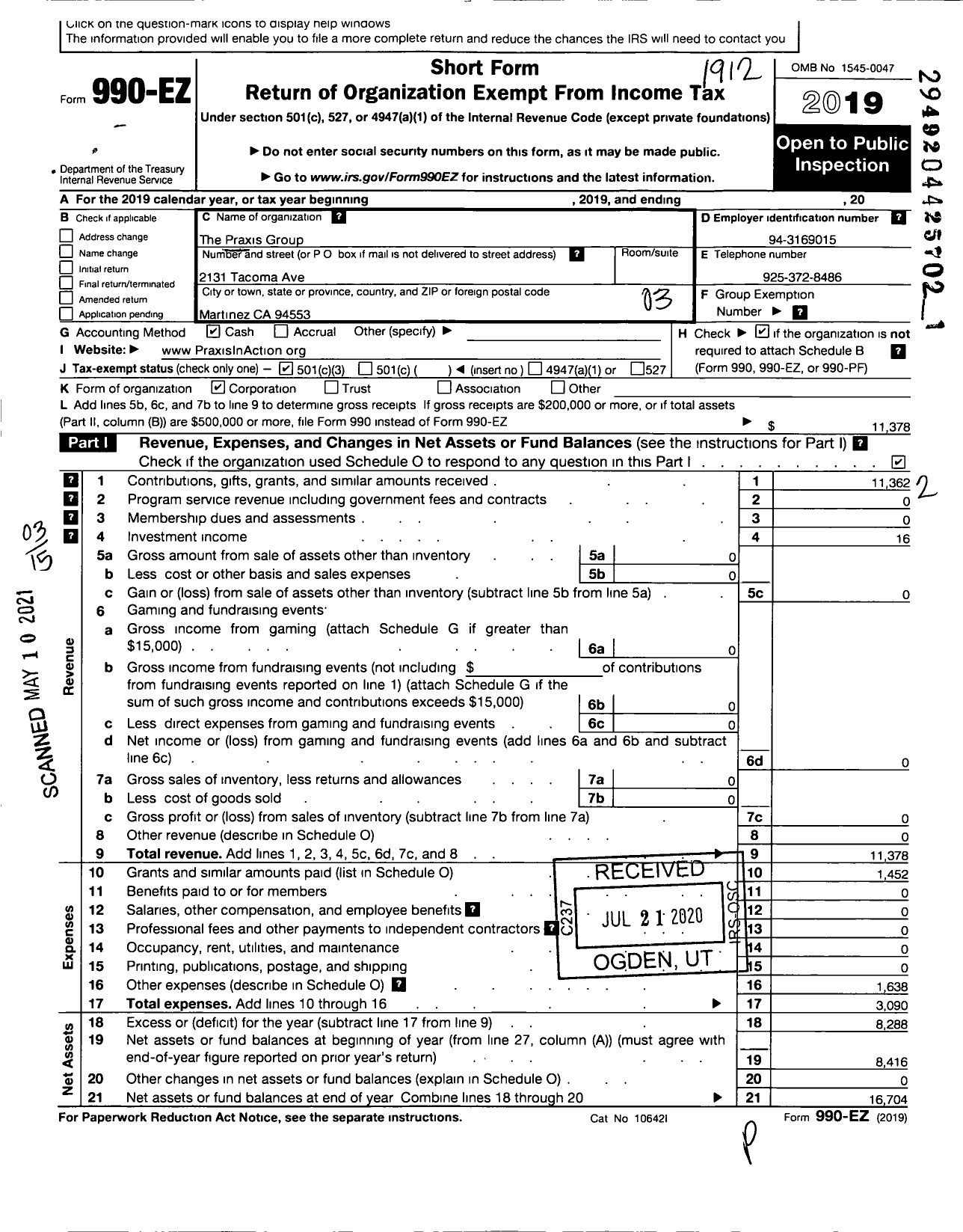 Image of first page of 2019 Form 990EZ for The Praxis Group