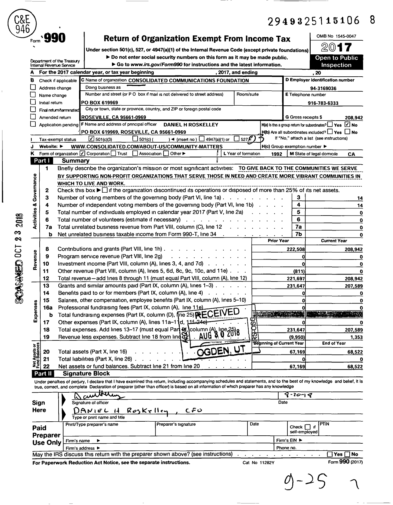 Image of first page of 2017 Form 990 for Consolidated Communications Foundation