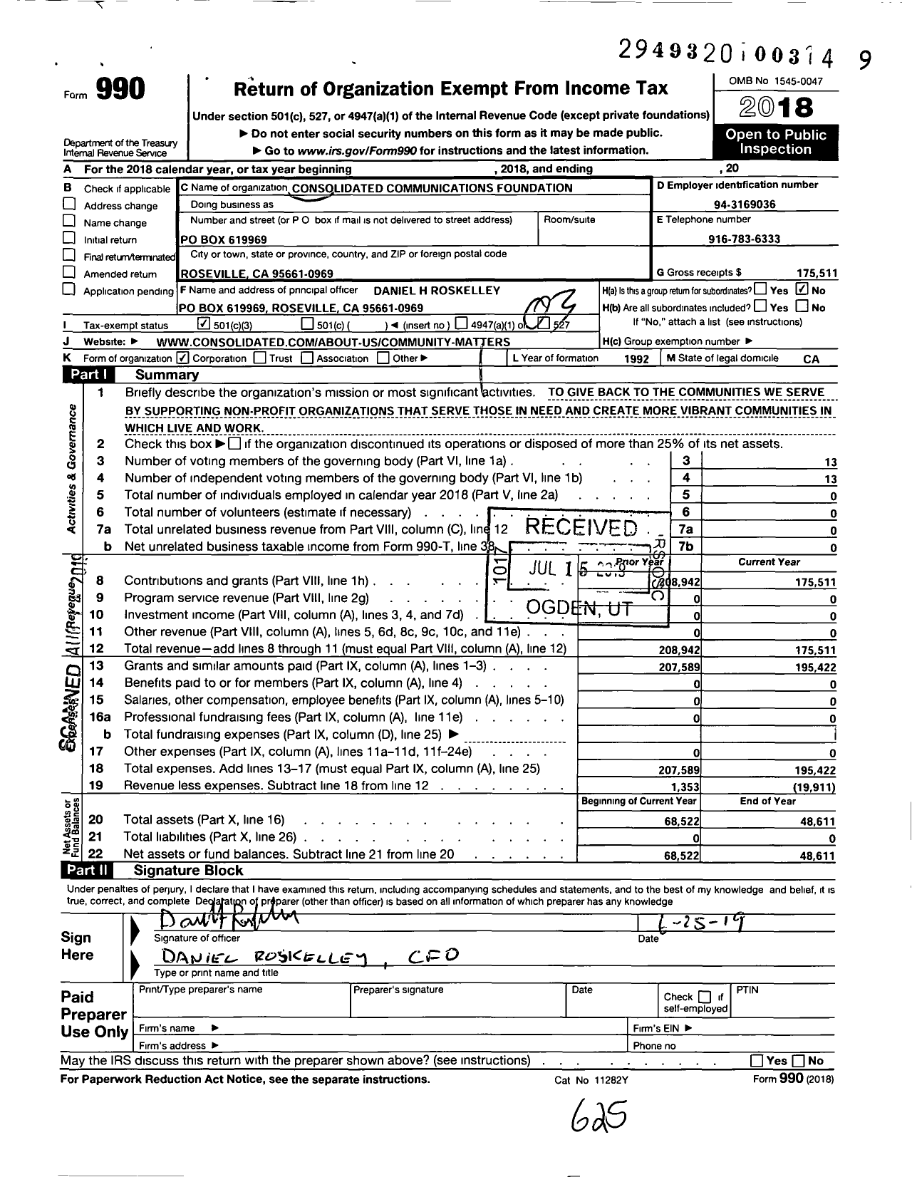 Image of first page of 2018 Form 990 for Consolidated Communications Foundation