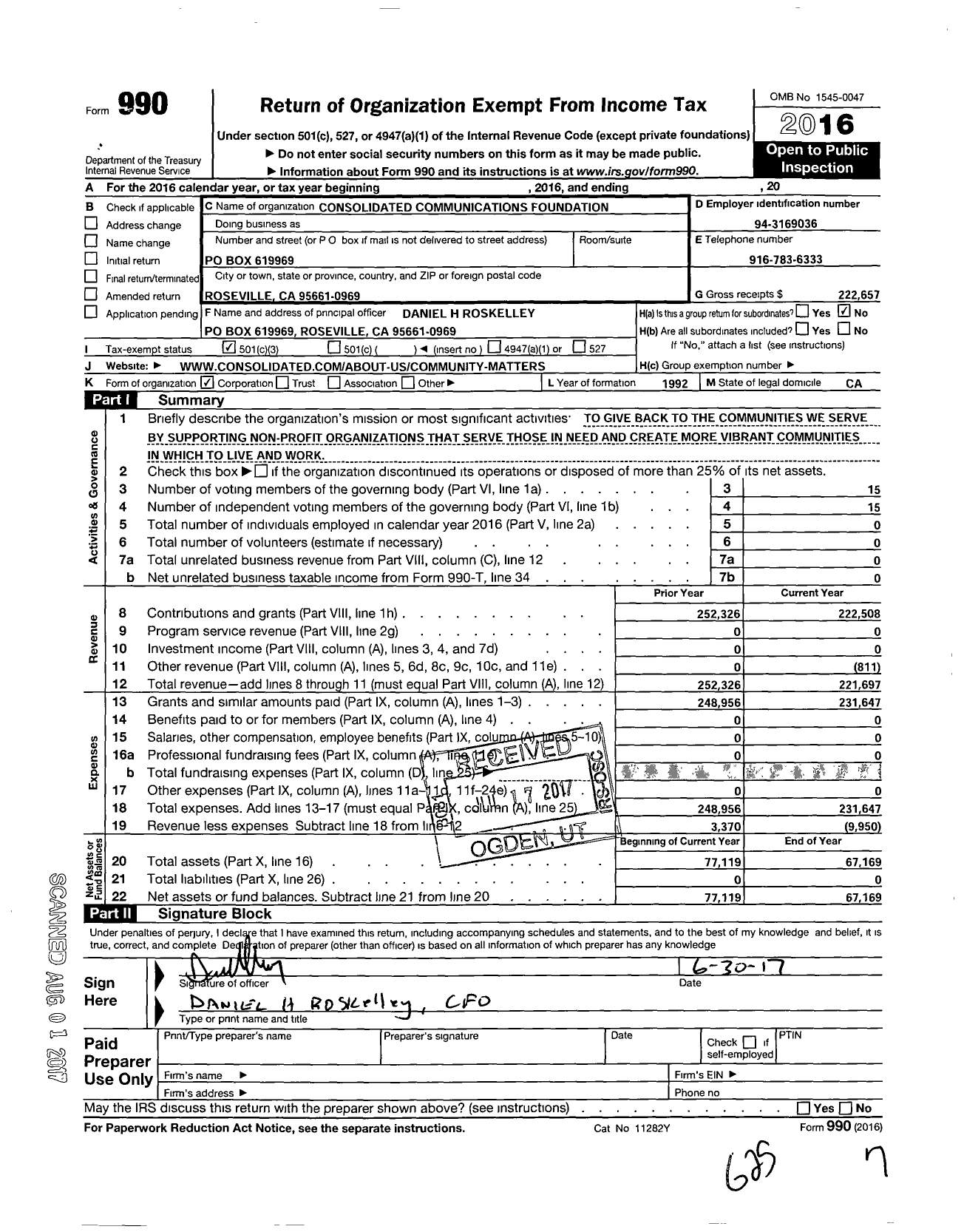 Image of first page of 2016 Form 990 for Consolidated Communications Foundation