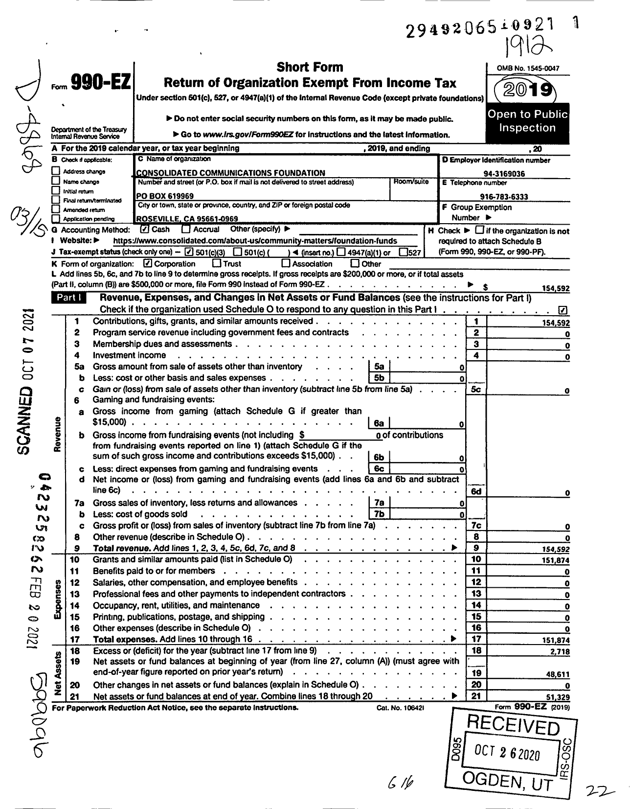 Image of first page of 2019 Form 990EZ for Consolidated Communications Foundation