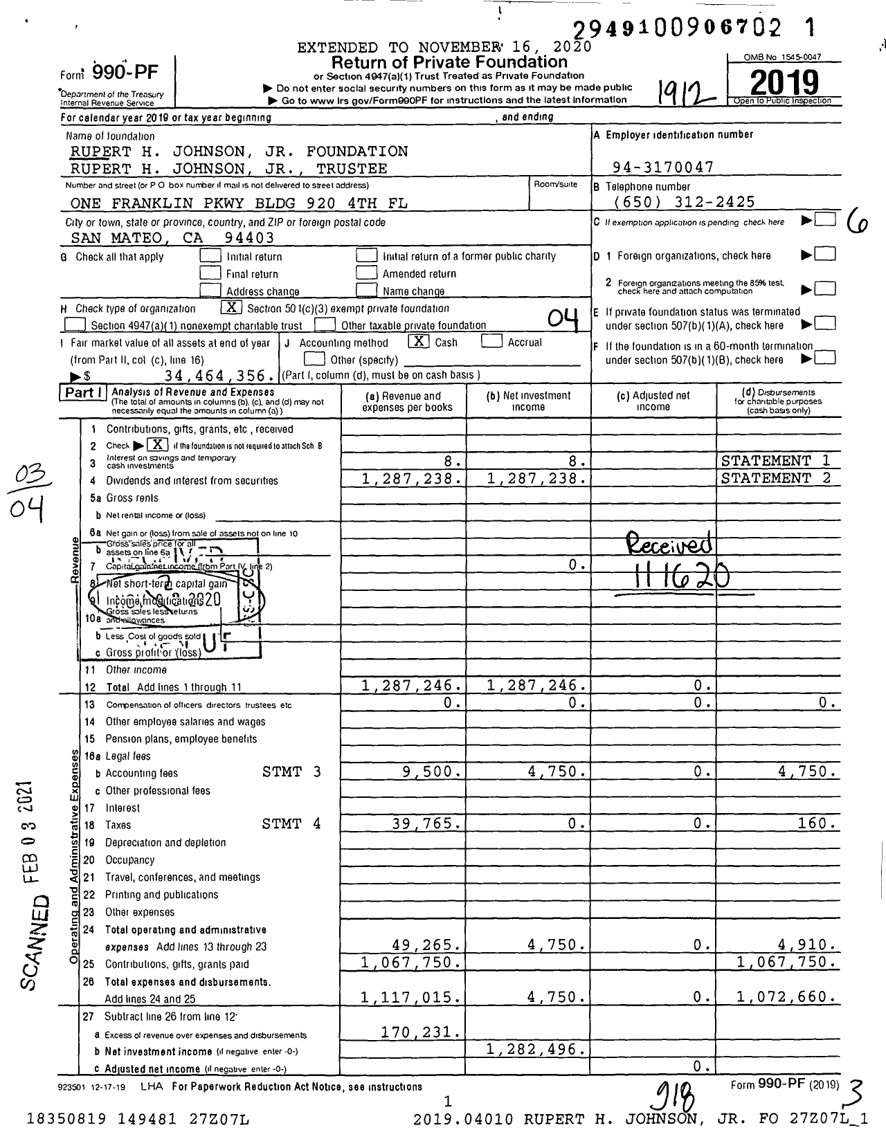 Image of first page of 2019 Form 990PF for Rupert H. Johnson Jr. Foundation