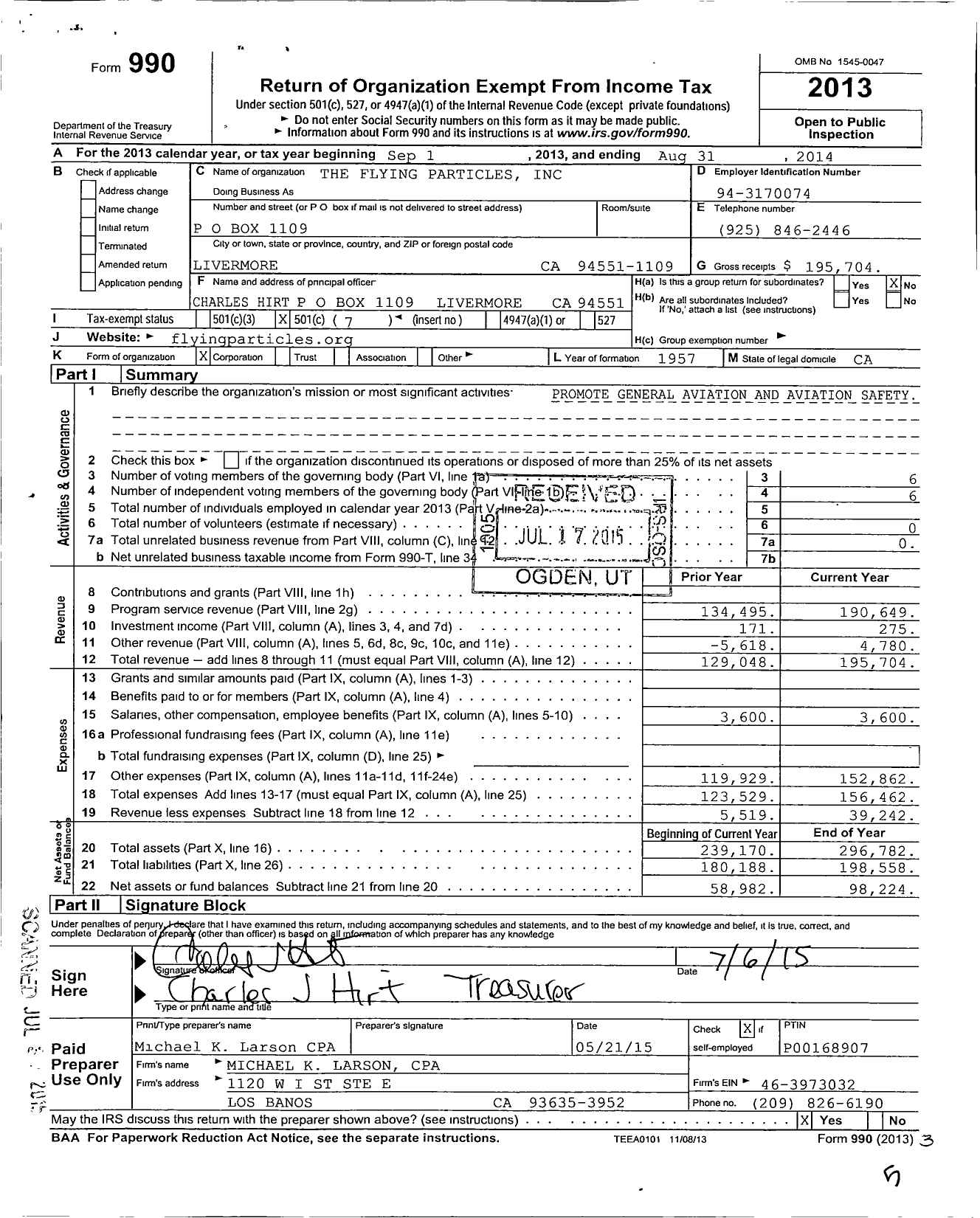 Image of first page of 2013 Form 990O for The Flying Particles