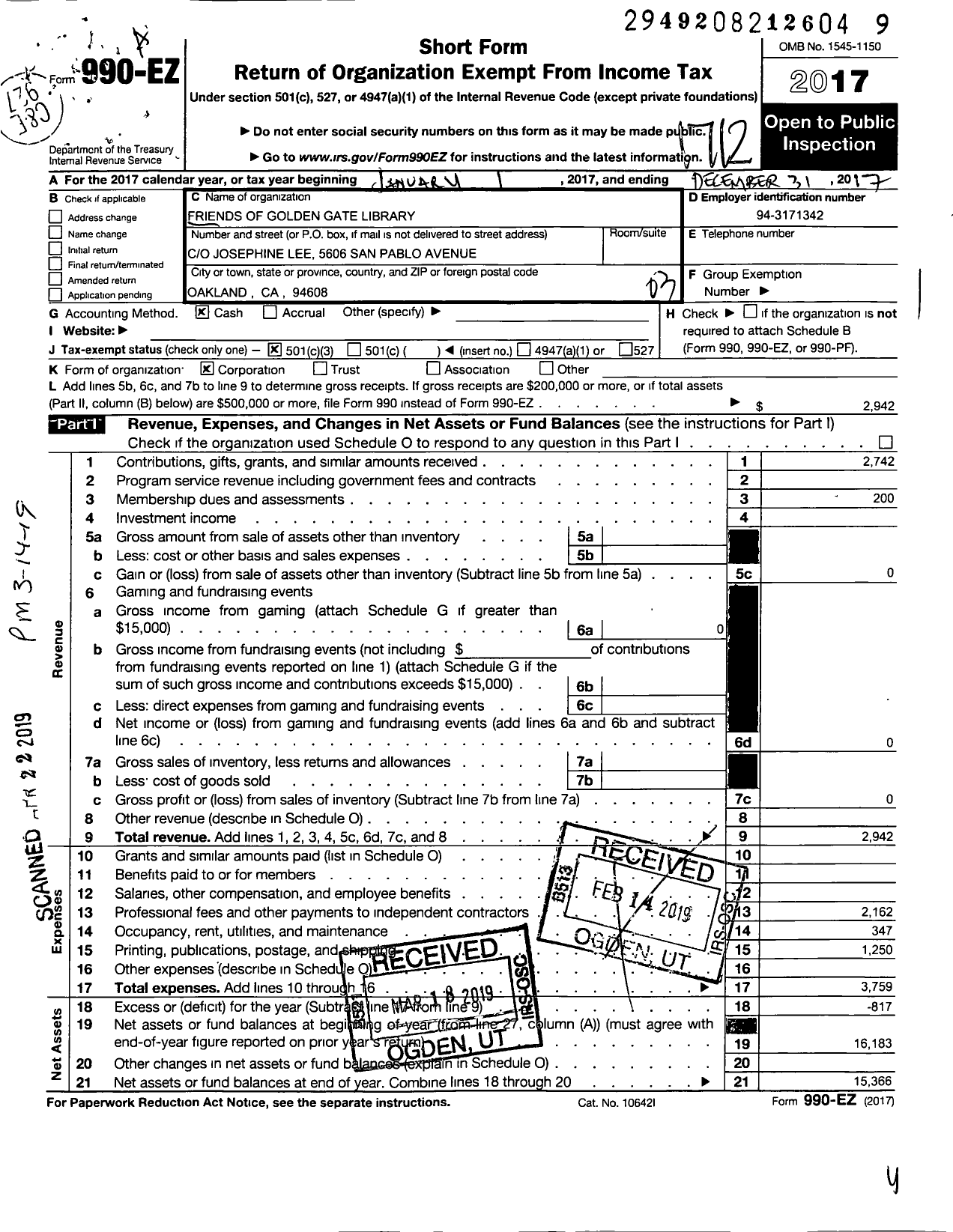 Image of first page of 2017 Form 990EZ for Friends of Golden Gate Library