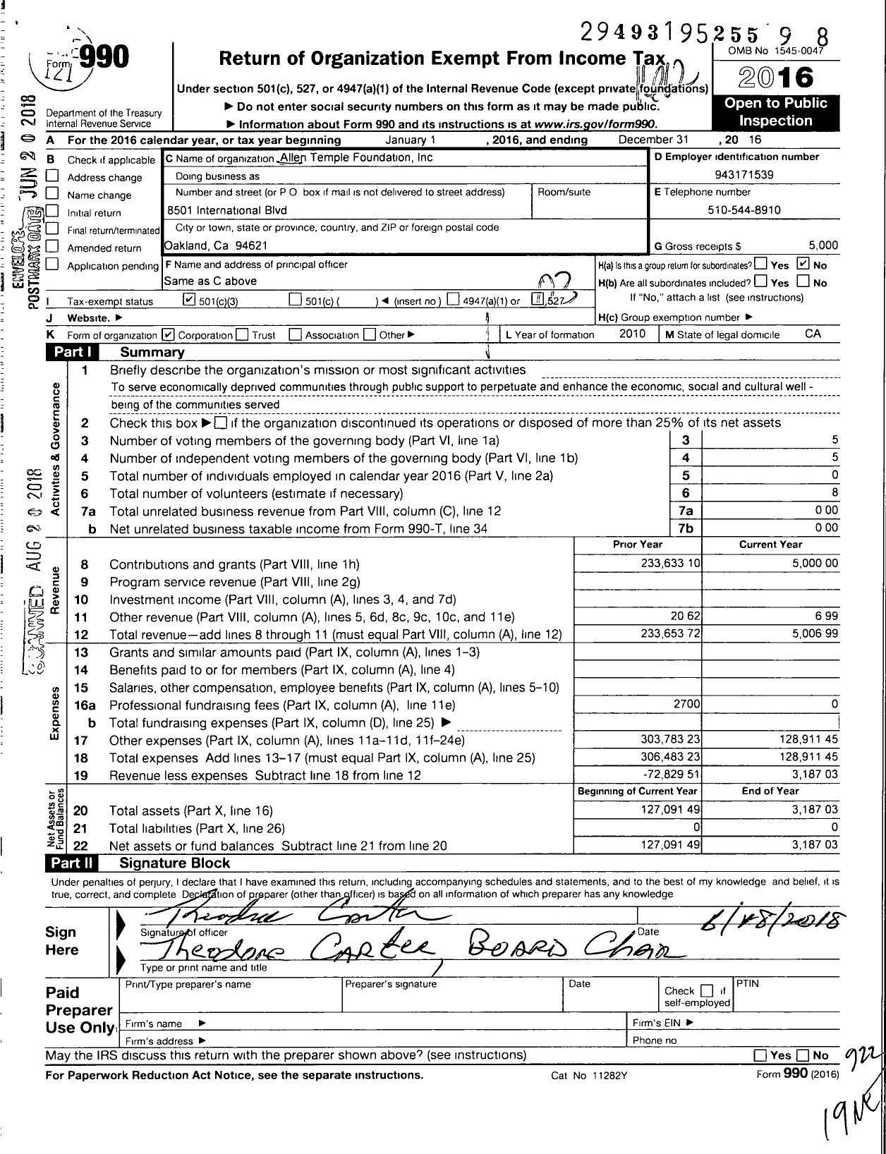 Image of first page of 2016 Form 990 for Allen Temple Foundation
