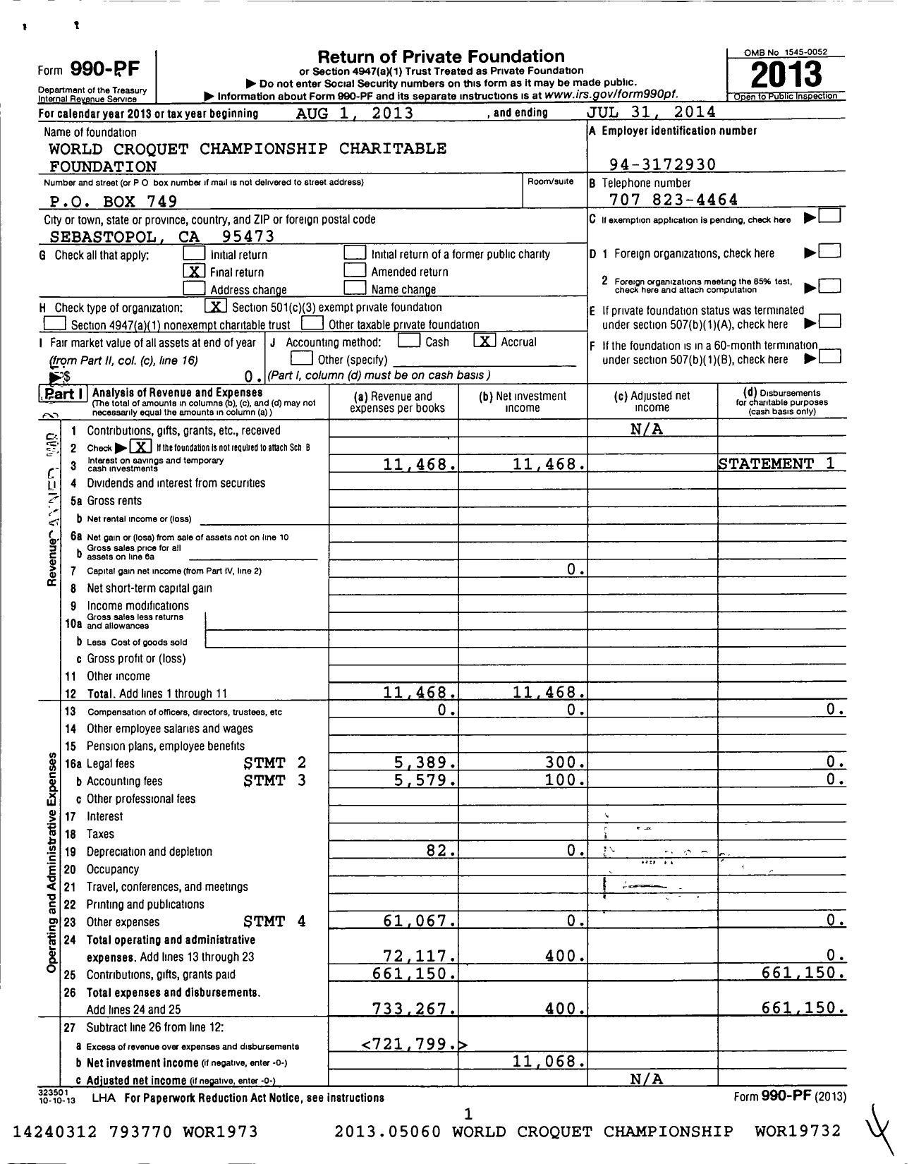 Image of first page of 2013 Form 990PF for World Croquet Championship Charitable Foundation