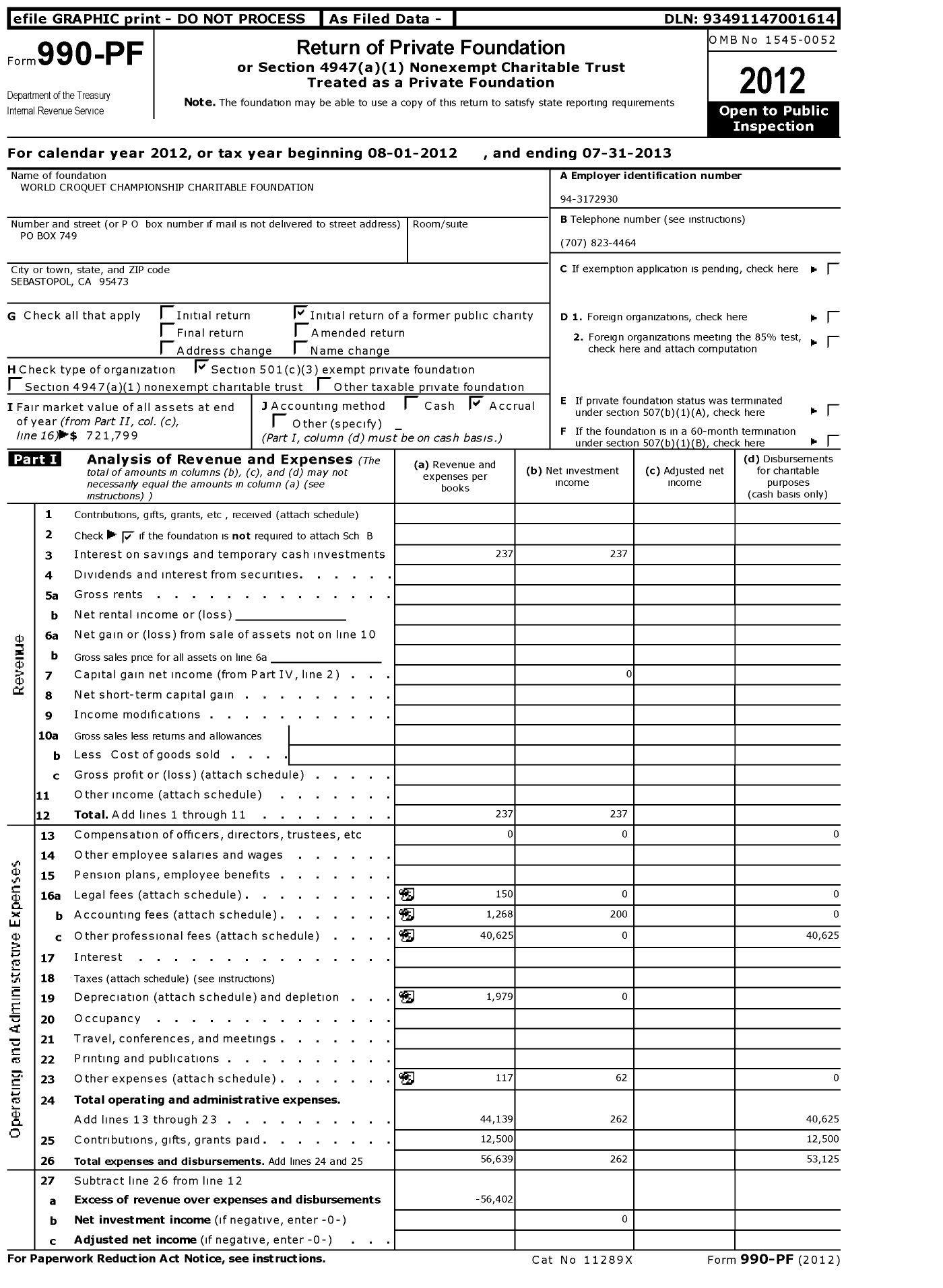 Image of first page of 2012 Form 990PF for World Croquet Championship Charitable Foundation