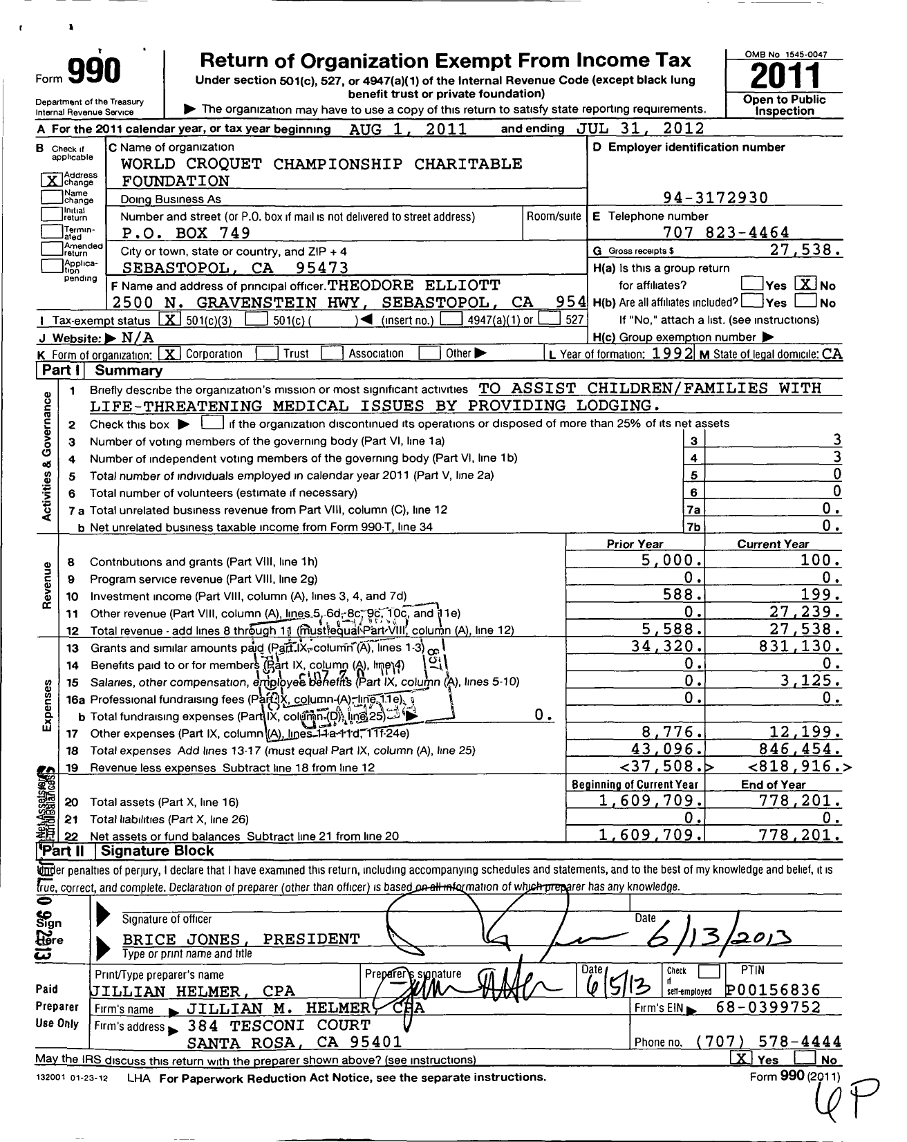 Image of first page of 2011 Form 990 for World Croquet Championship Charitable Foundation