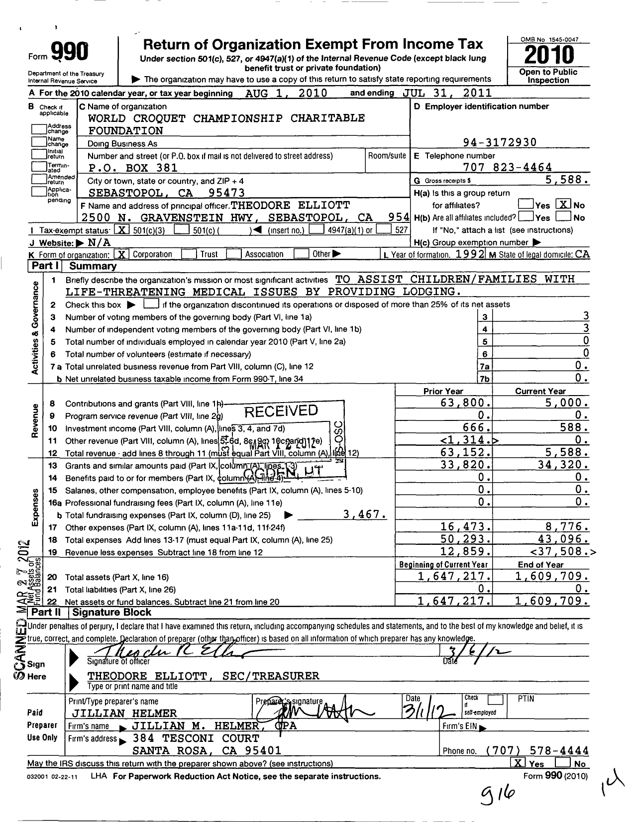 Image of first page of 2010 Form 990 for World Croquet Championship Charitable Foundation