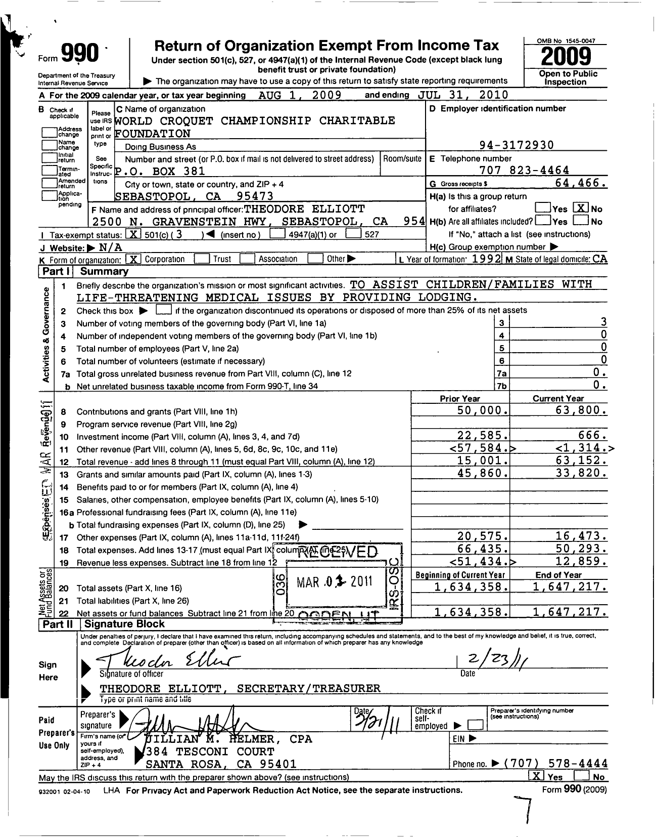 Image of first page of 2009 Form 990 for World Croquet Championship Charitable Foundation