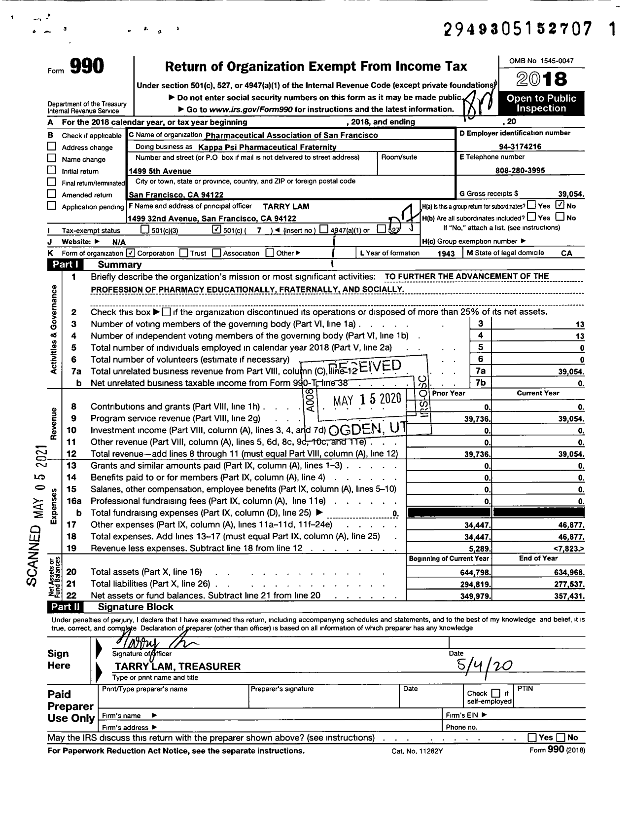 Image of first page of 2018 Form 990O for Kappa Psi Pharmaceutical Fraternity / Pharmaceutical Association of San Francisco