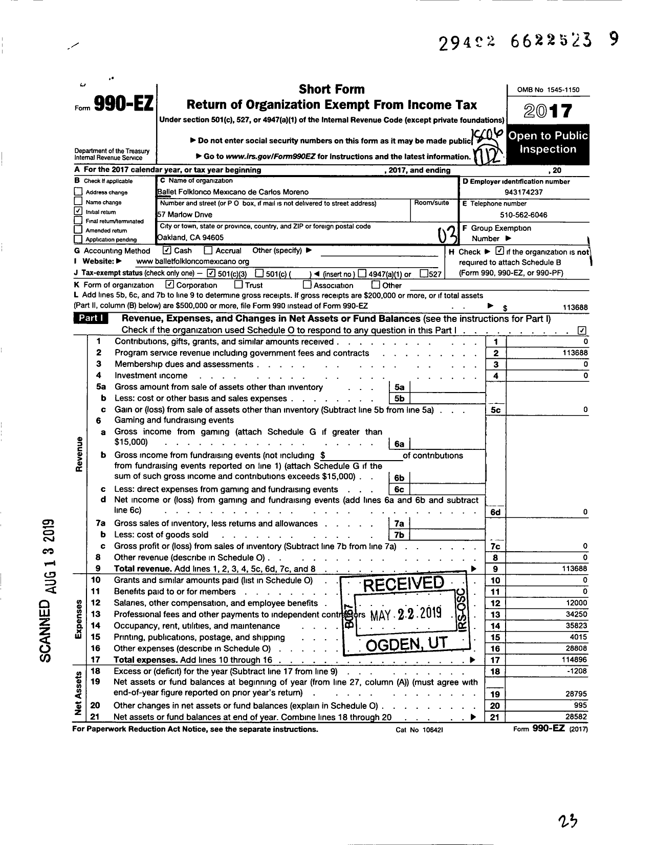 Image of first page of 2017 Form 990EZ for Ballet Folklorico Mexicano de Carlos Moreno