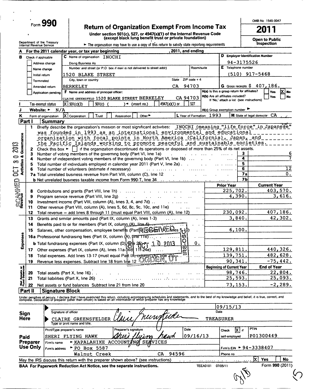 Image of first page of 2011 Form 990 for Inochi