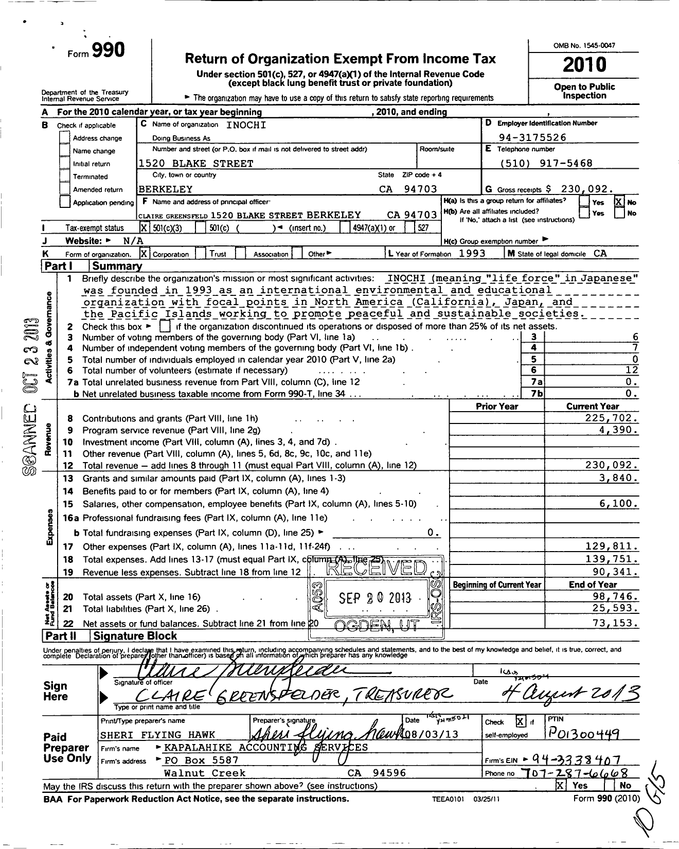 Image of first page of 2010 Form 990 for Inochi