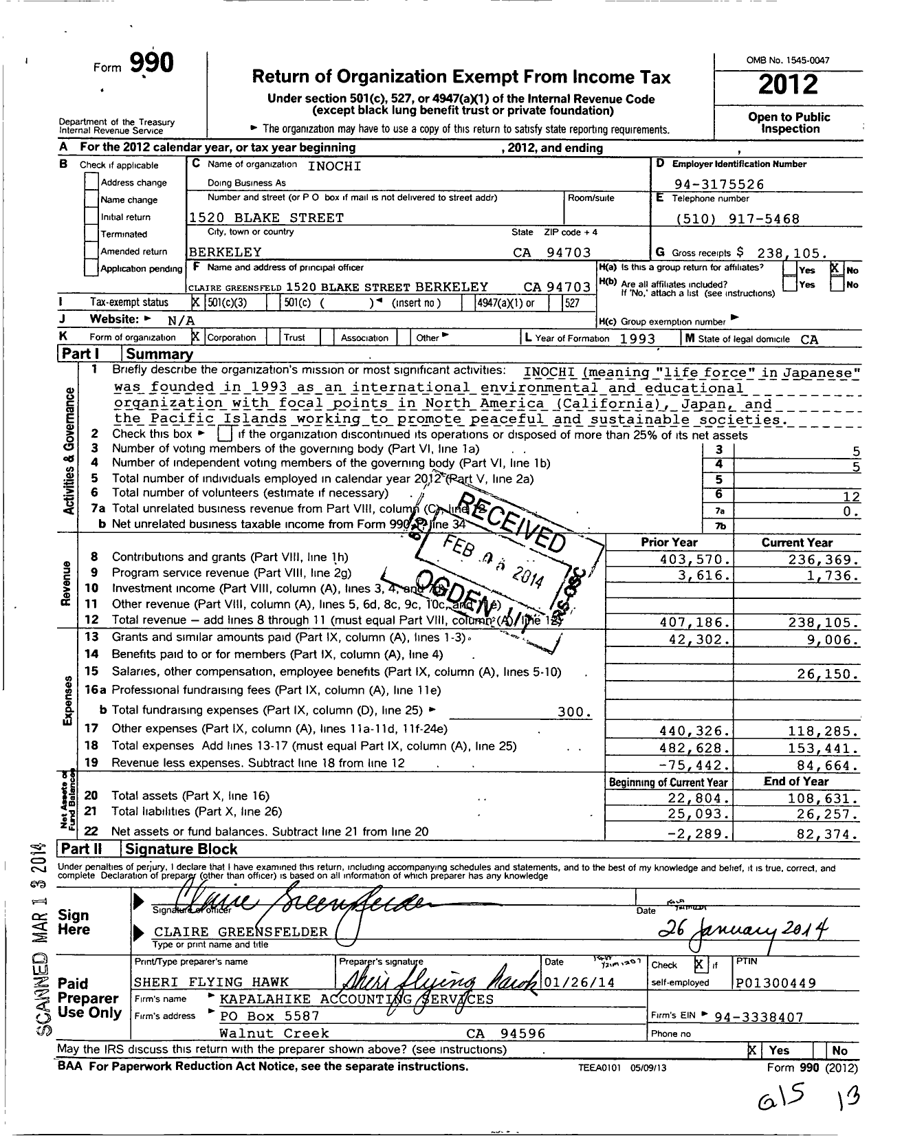 Image of first page of 2012 Form 990 for Inochi