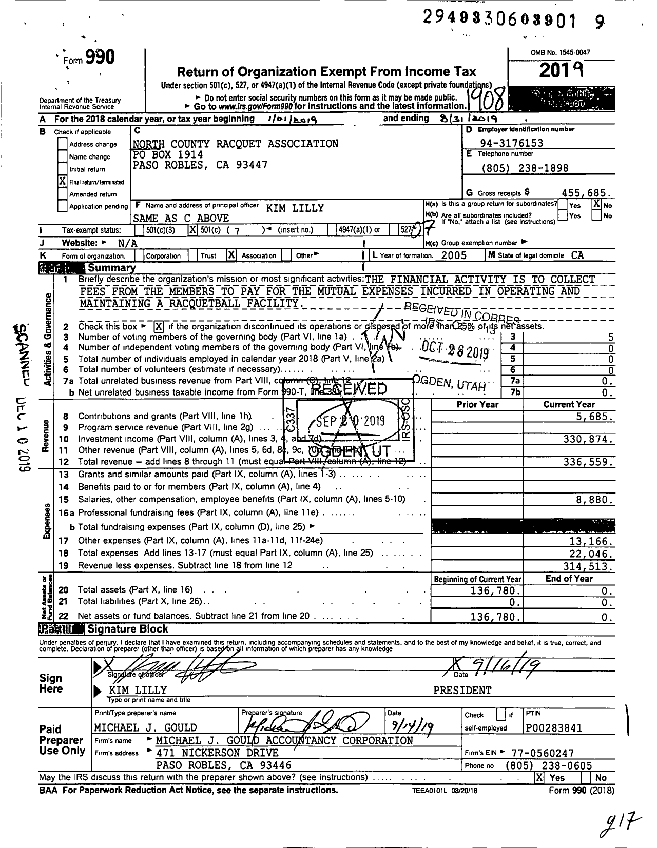 Image of first page of 2018 Form 990O for North County Racquet Association