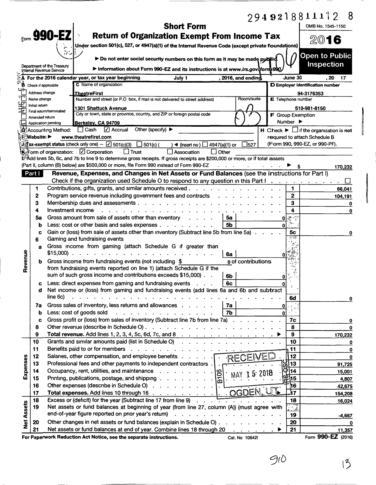 Image of first page of 2016 Form 990EZ for Theatrefirst