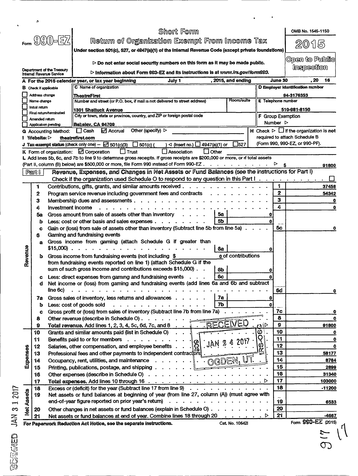 Image of first page of 2015 Form 990EZ for Theatrefirst