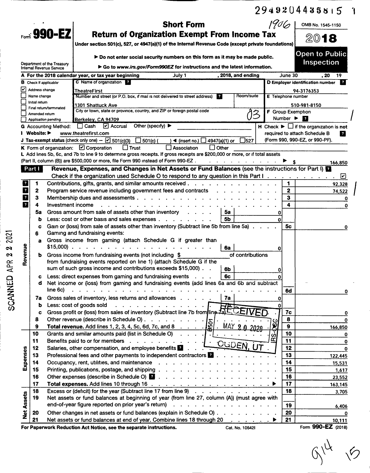 Image of first page of 2018 Form 990EZ for Theatrefirst