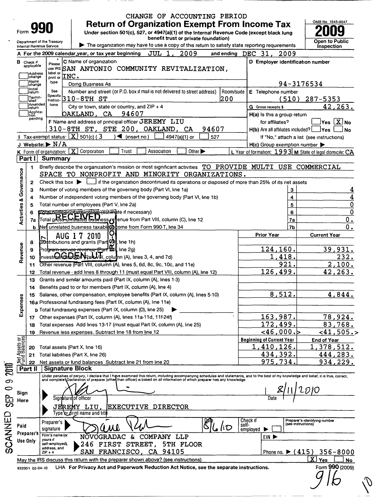 Image of first page of 2009 Form 990 for San Antonio Community Revitalization