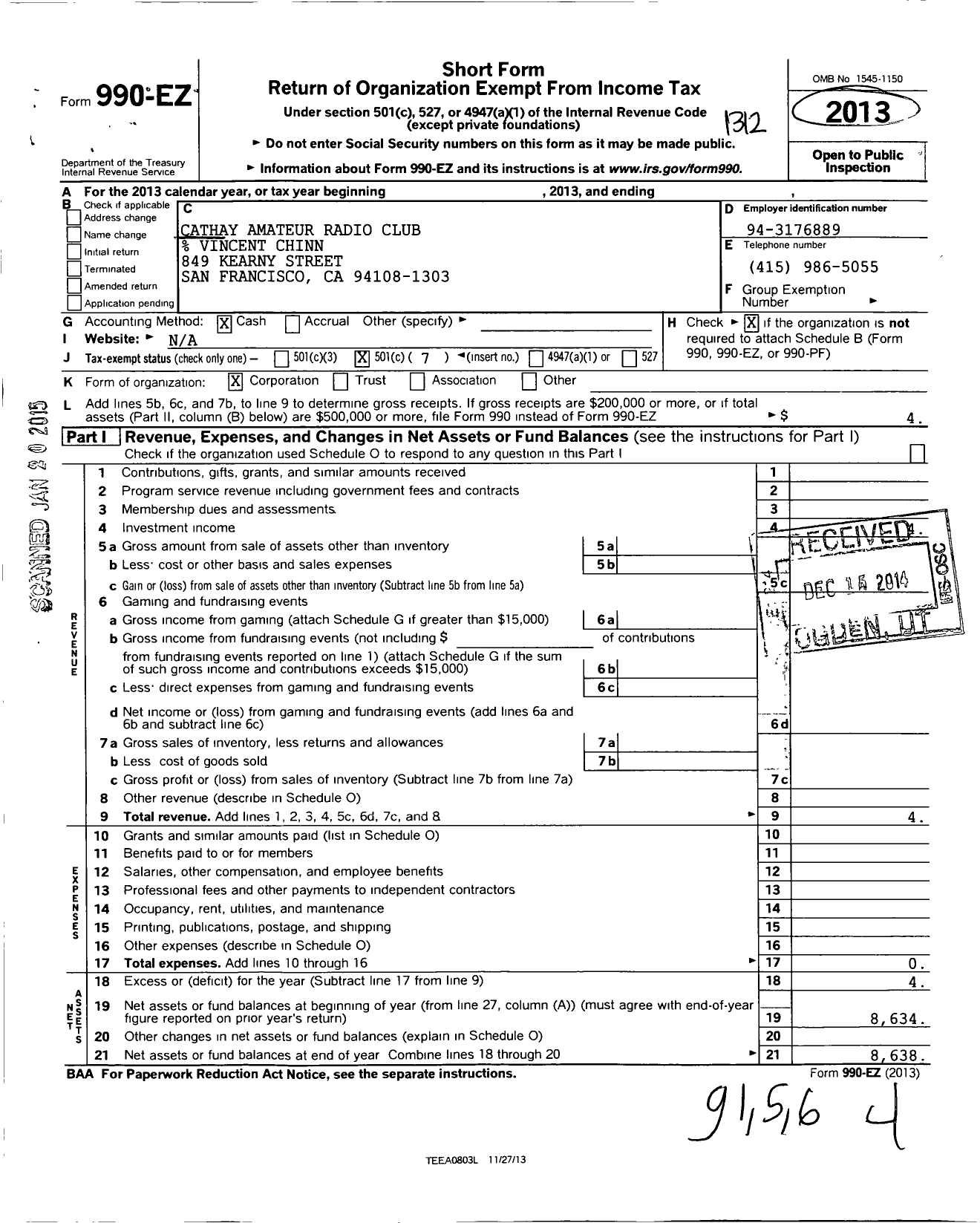 Image of first page of 2013 Form 990EO for Cathay Amateur Radio Club